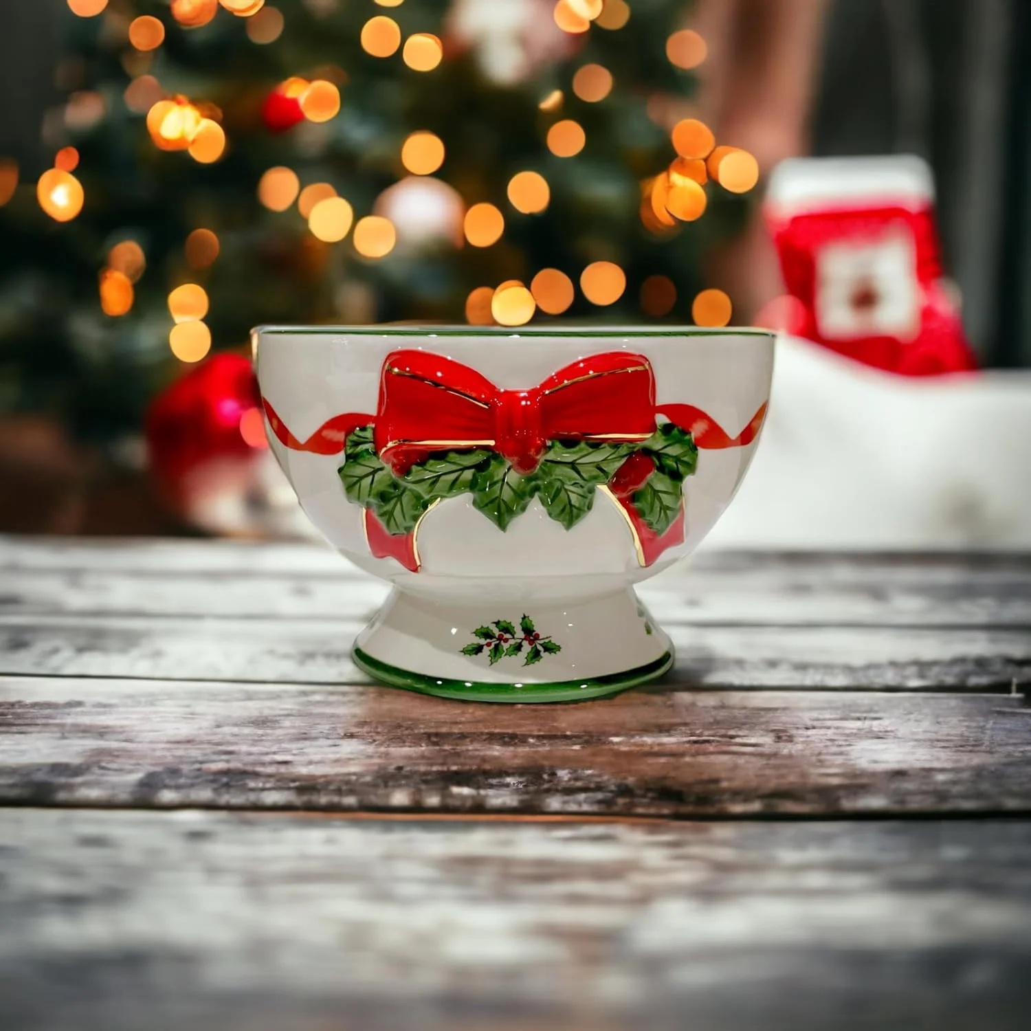 Spode Christmas Tree Ribbon Nut Bowl, 6 Inch Serving Bowl for Candies, Nuts, or Desserts  Decorative Bowl for Christmas and Holiday Season