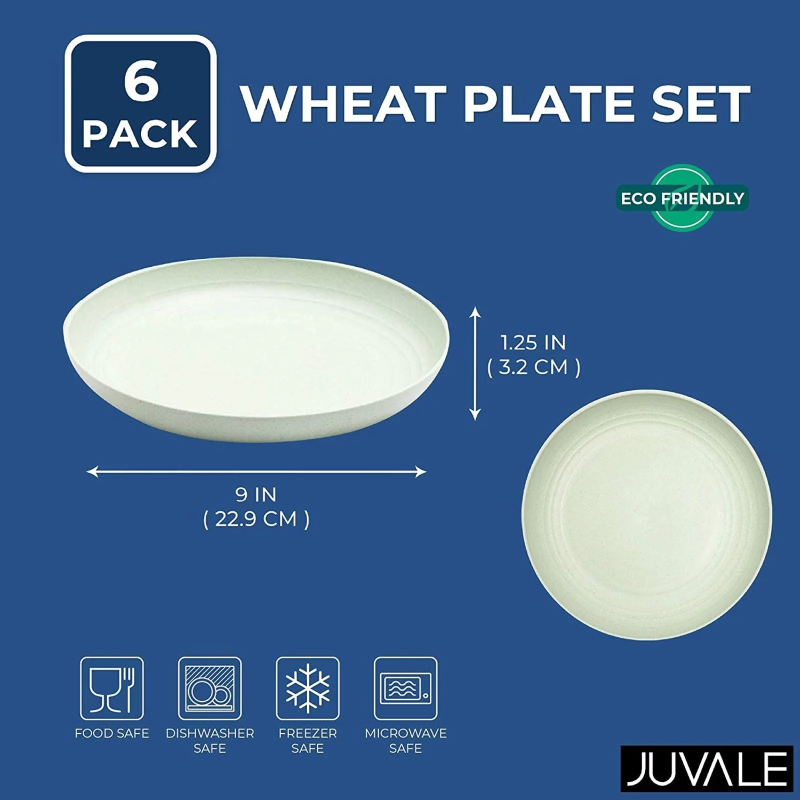 Wheat Straw Plates, Unbreakable Plate (Green, 9 in, 6 Pack)