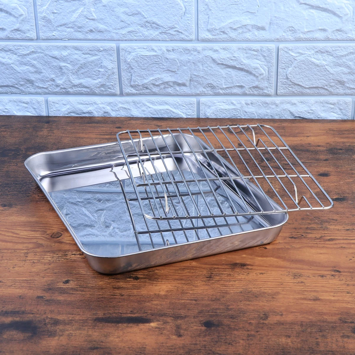 2 Pieces/Set Rectangular Baking Tray Stainless Steel Baking Pan Sheet with Removable Cooling Rack - 26x20x2.5cm