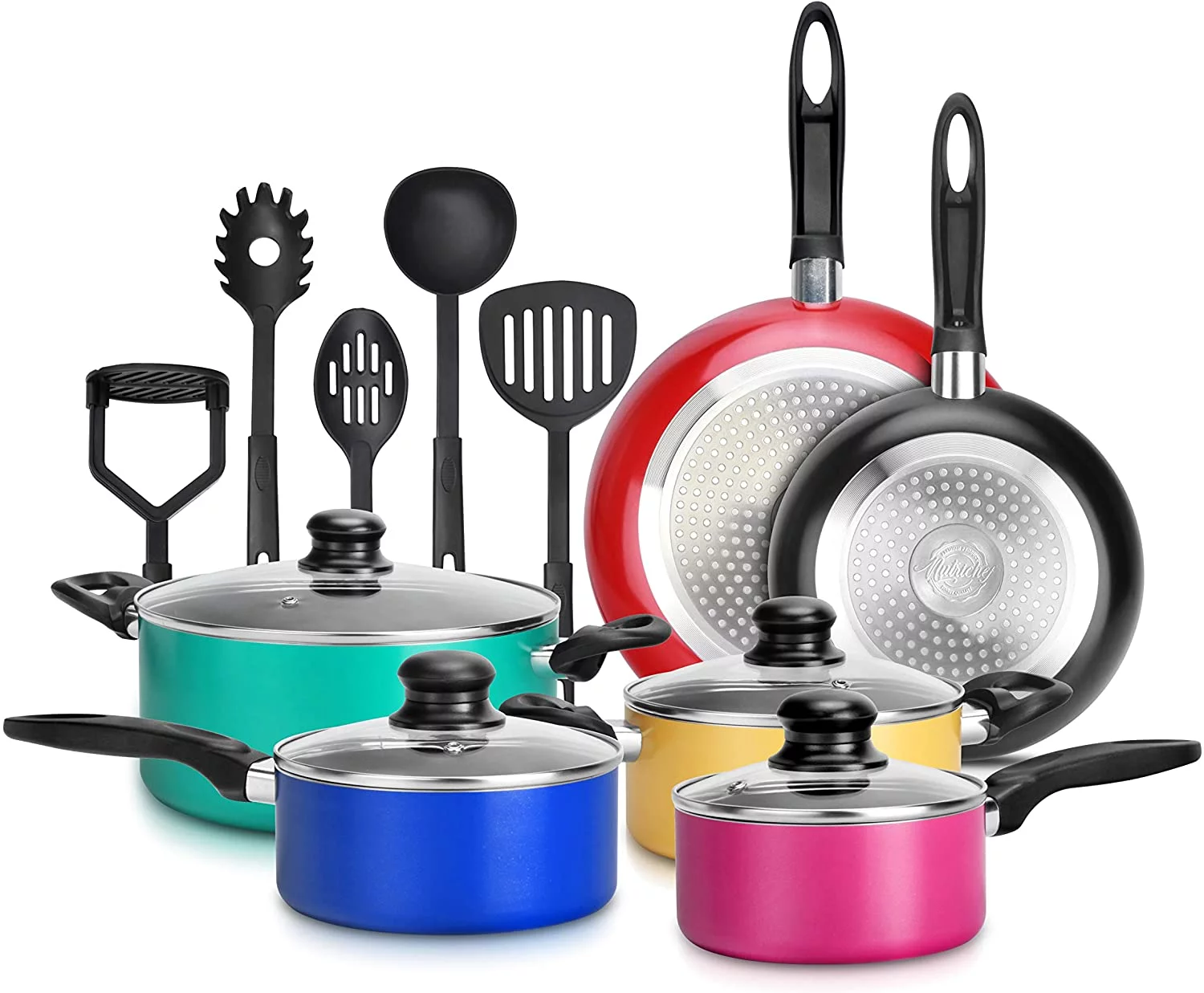 15-Piece Nonstick Kitchen Cookware Set PTFE/PFOA/PFOS- Free | Colorful Heat Resistant Lacquer Kitchen Ware Pots Pan Set w/Saucepot, Frying Pans, Pots, Oven Pot, Lids, 5 Utensil - YHZCY NCCWCOR15