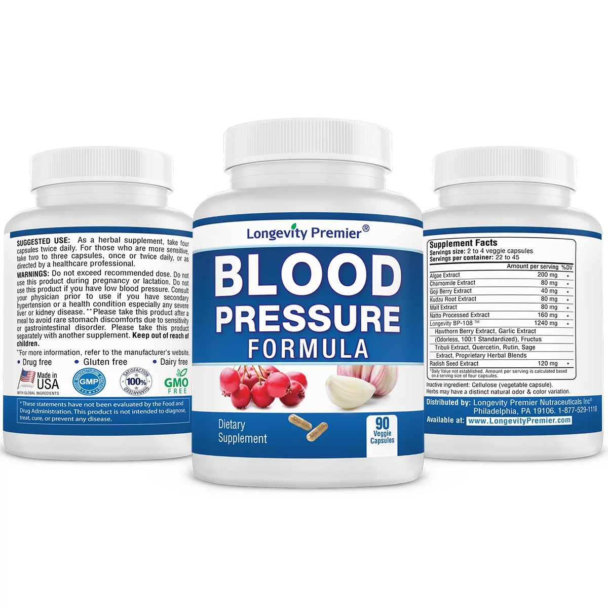 Longevity Blood Pressure Formula - Clinically formulated 90 Capsules- With Hawthorn & 15+ all natural ingredients