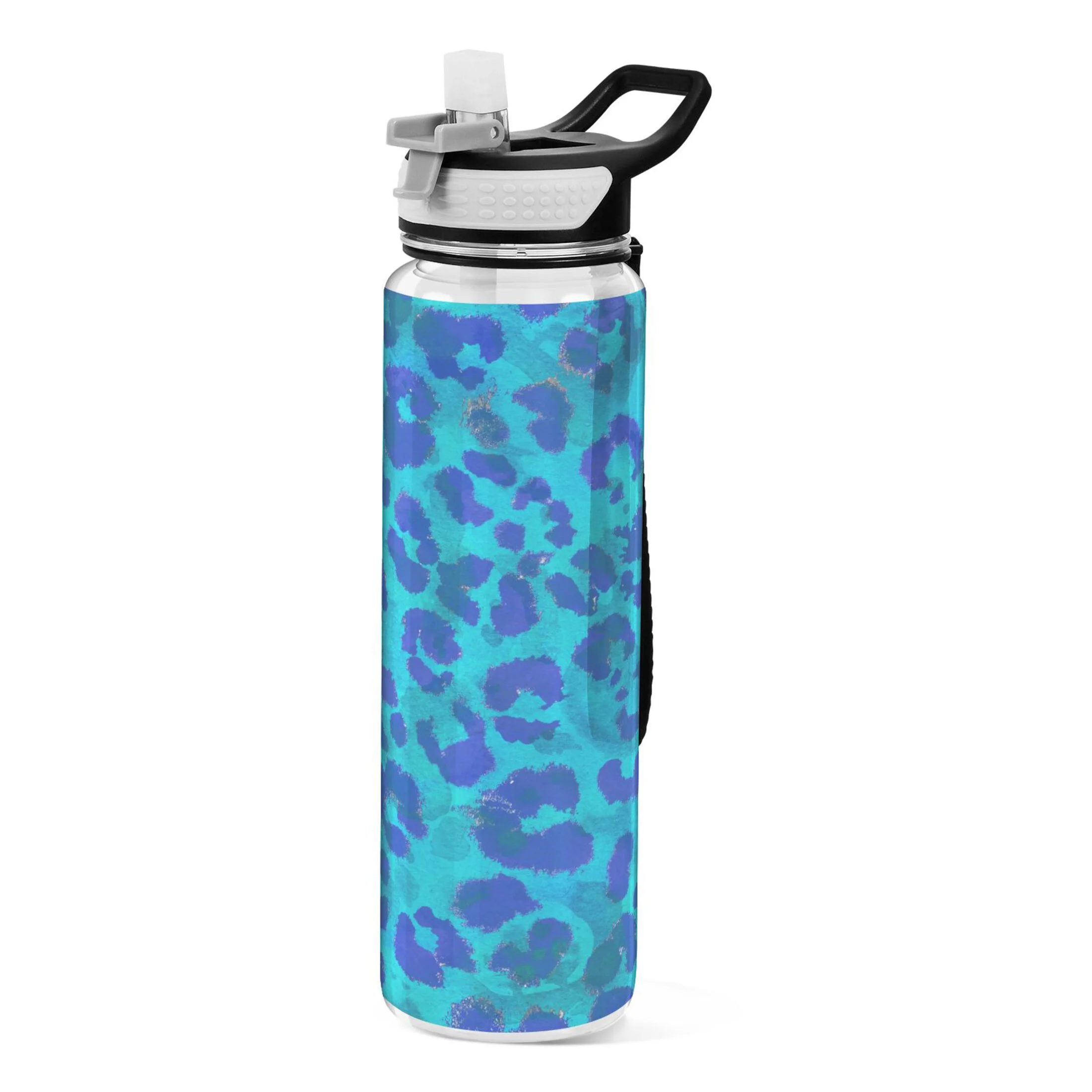 Cheetah Blue Leopard 32oz Water Bottles with Straw Tritan Leakproof Sports Bottle BPA Free Clear for Fitness Gym Swimming Cycling