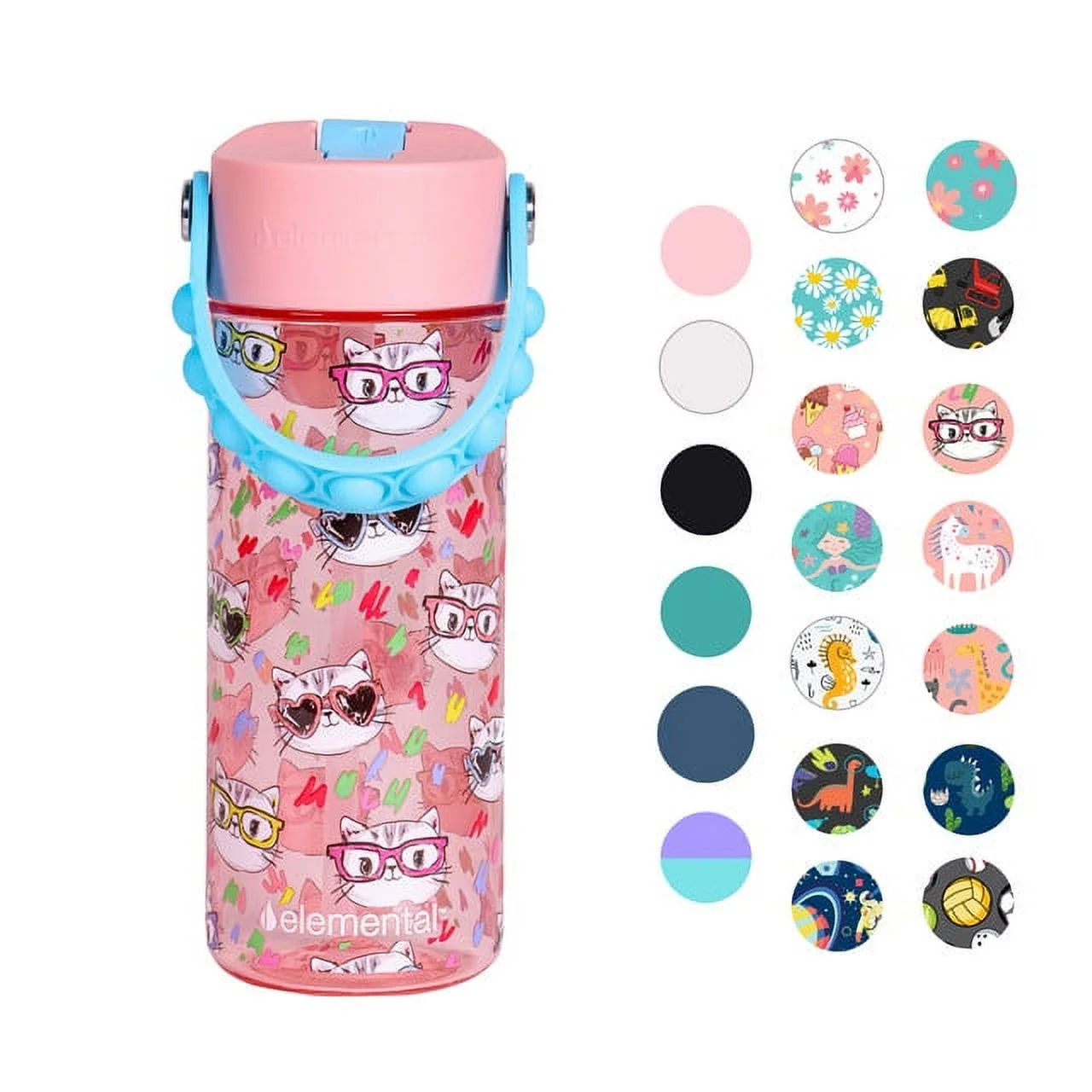Elemental Splash Kids Water Bottle with Leak Proof Straw Lid & Fidget Popper Handle, 18oz Durable BPA Free Tritan Plastic Water Bottle Dishwasher Safe for Girls and Boys - Stylish Cat