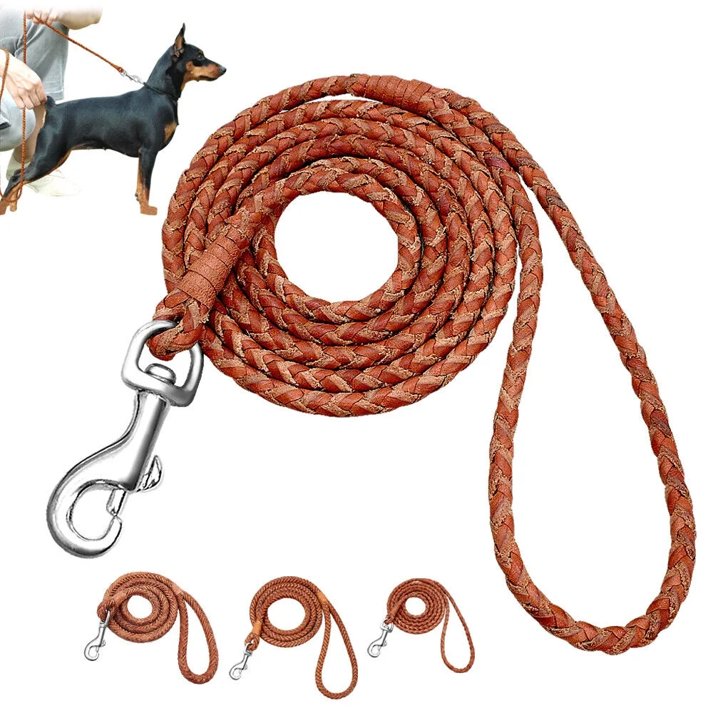 4ft Strong Dog Leash Braided Leather Rolled Rope Lead for Small Medium Large Dog