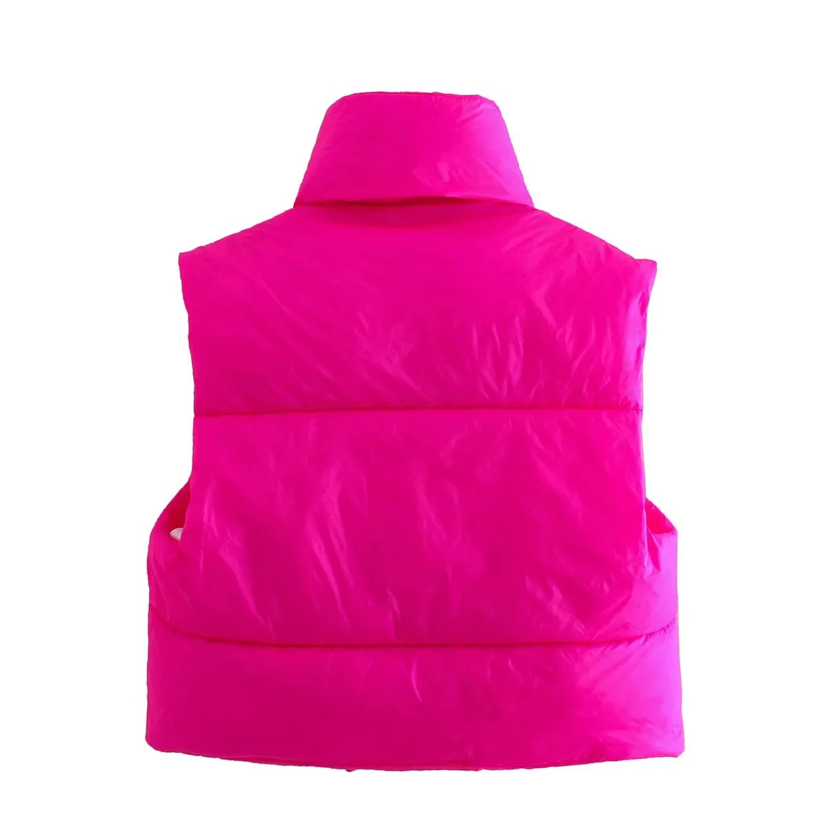 Hotian Women Winter Crop Puffer Vest Jacket Sleeveless Padded Gilet Hot Pink M