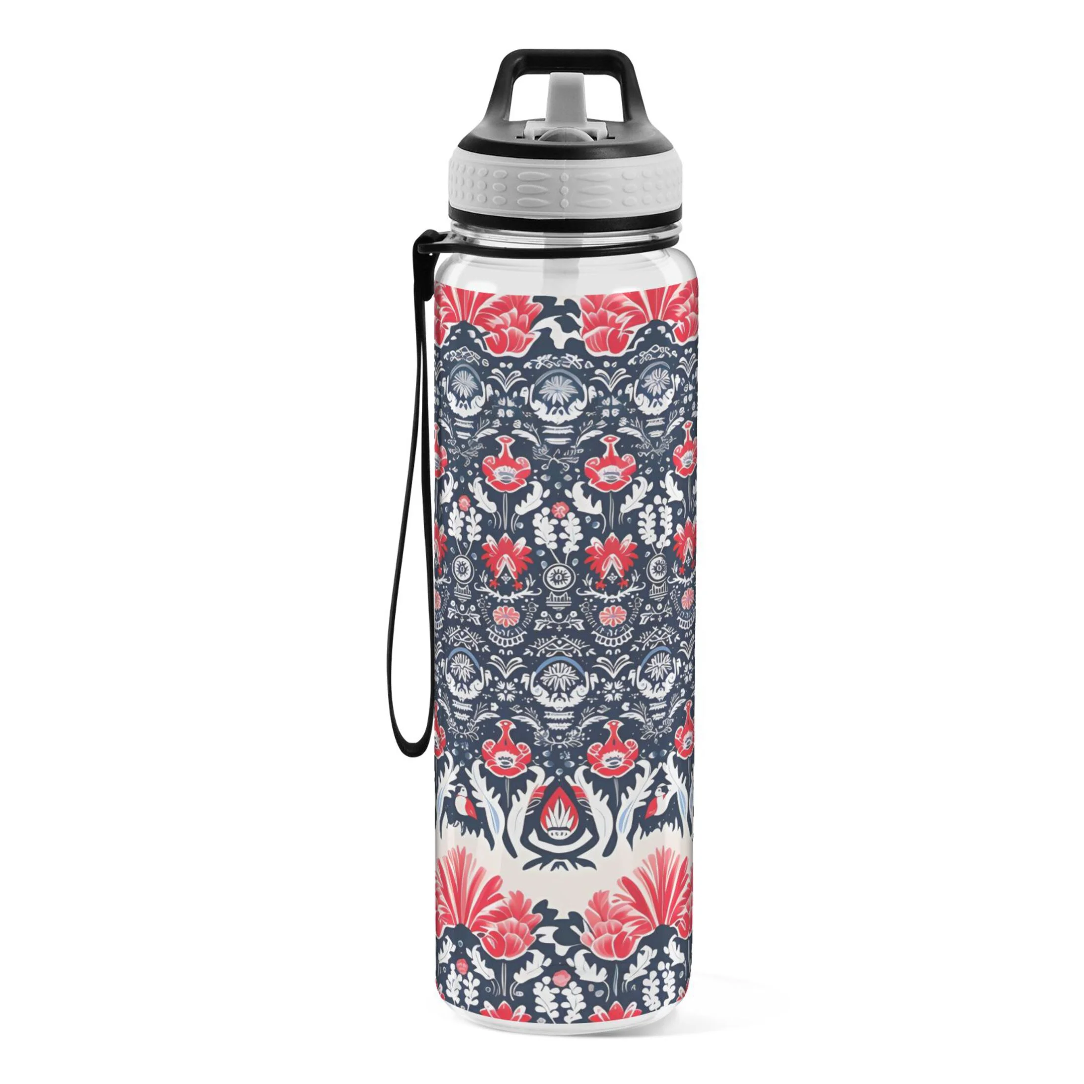 Retro Flowers Print 32oz Water Bottles with Straw Tritan Leakproof Sports Bottle BPA Free Clear for Fitness Gym Swimming Cycling