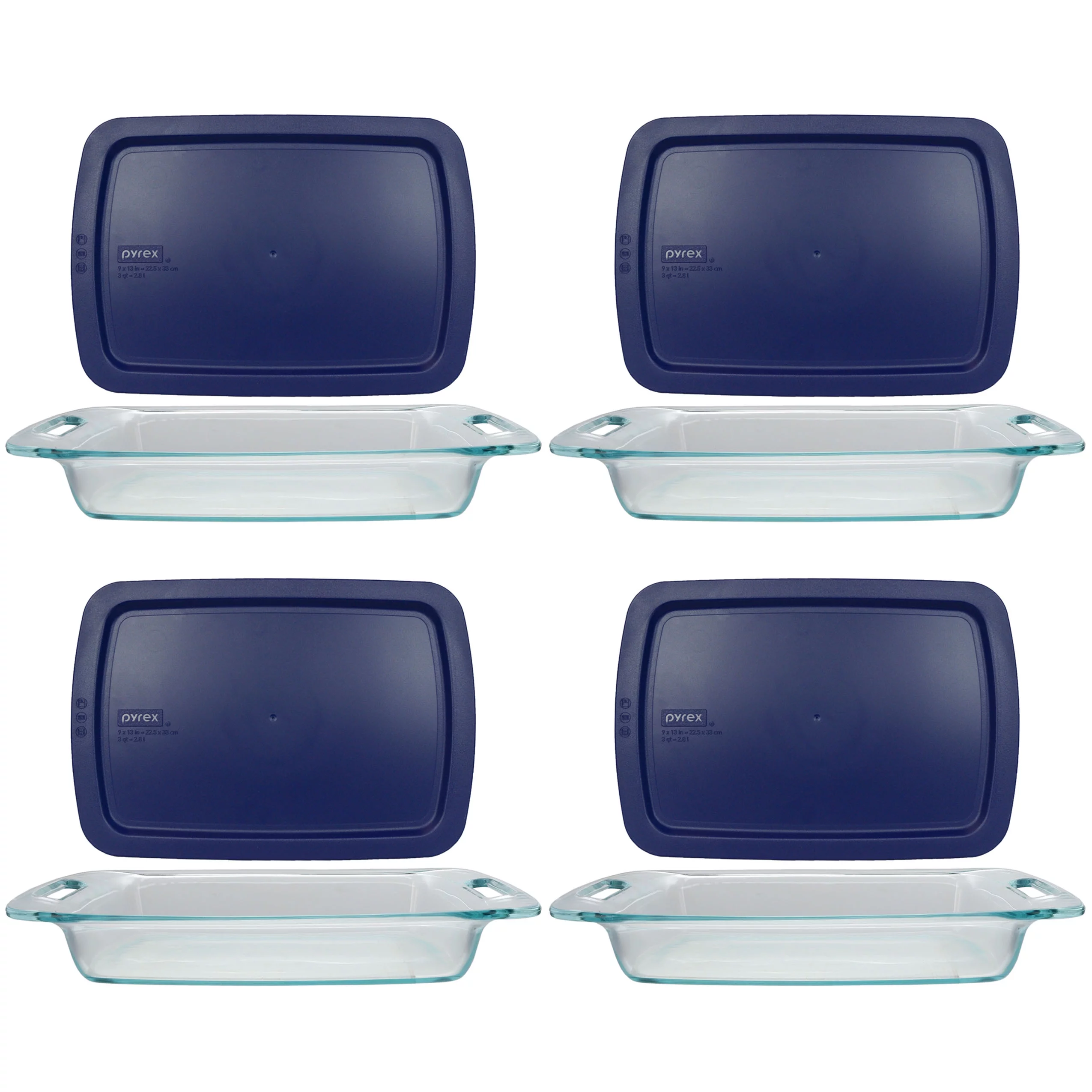 Pyrex (4) C-233 3qt Easy Grab Glass Baking Dishes and (4) C-233-PC Blue Easy Grab Plastic Lids