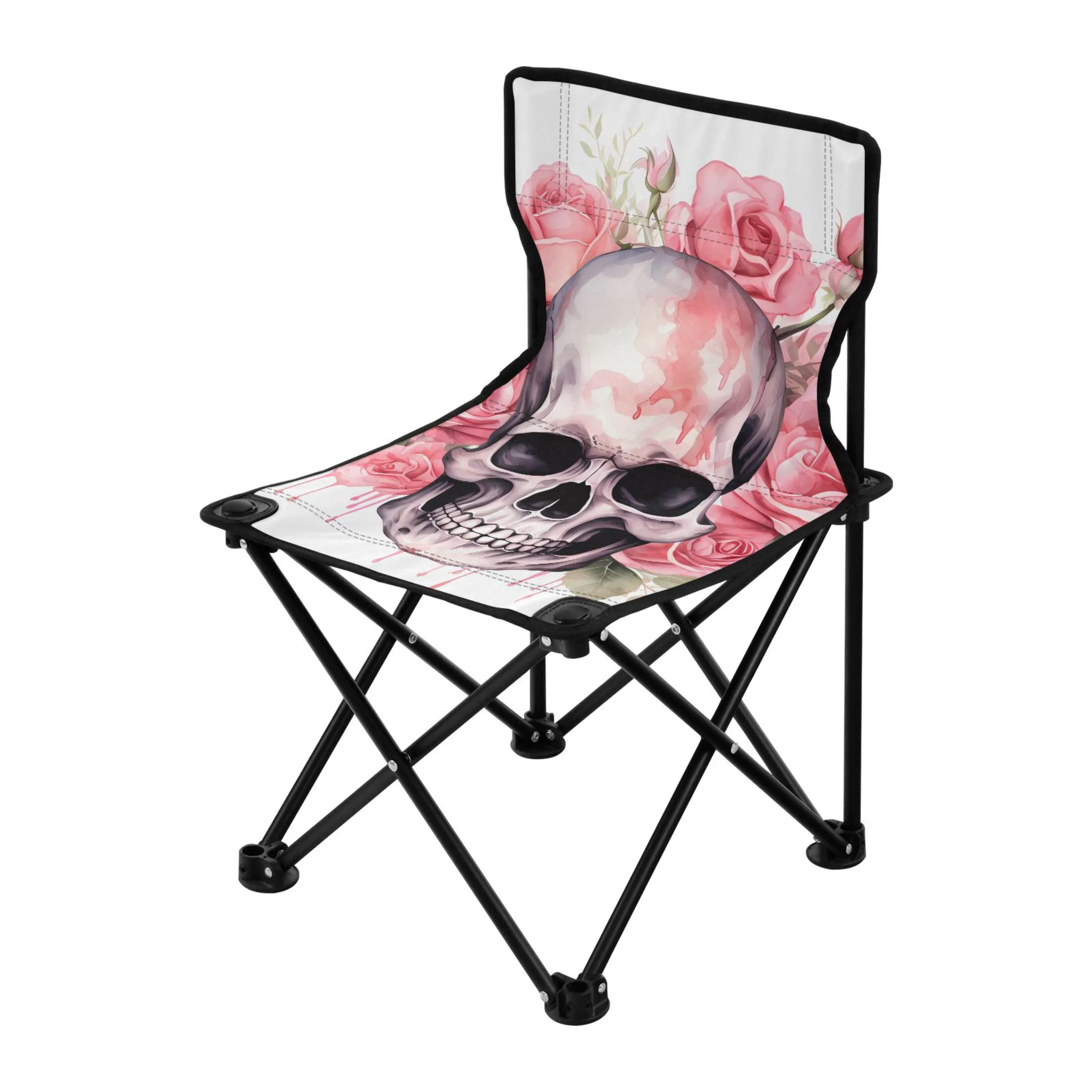 Skeleton with Pink Flowers Portable Camping Chair Outdoor Folding Beach Chair Fishing Chair Lawn Chair with Carry Bag Support to 220LBS