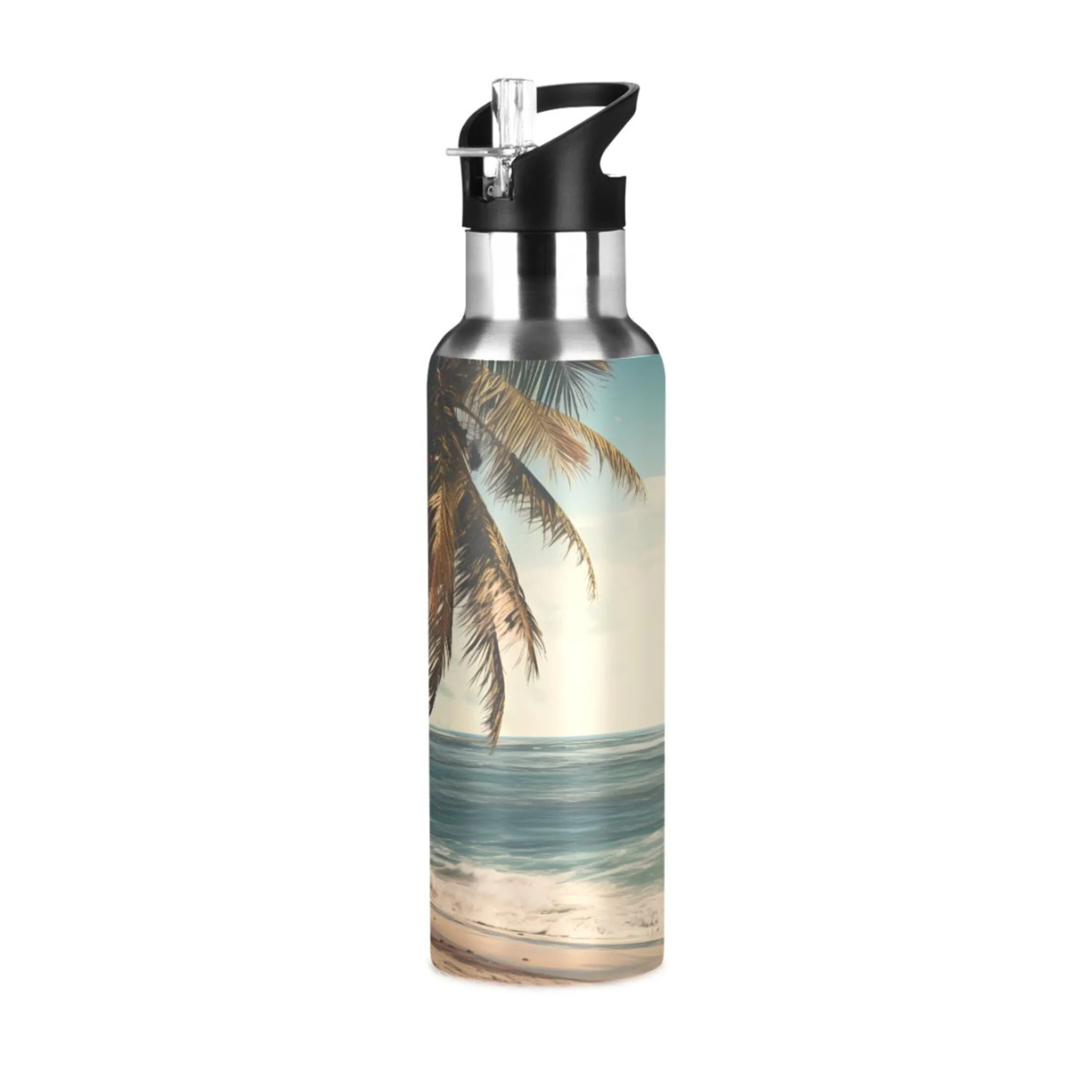 Palm Tree Retro Beach Water Bottles Insulated Thermos Kids Stainless Steel Bottle with Straw Lid Flask Leakproof for Sports Gym 20 oz