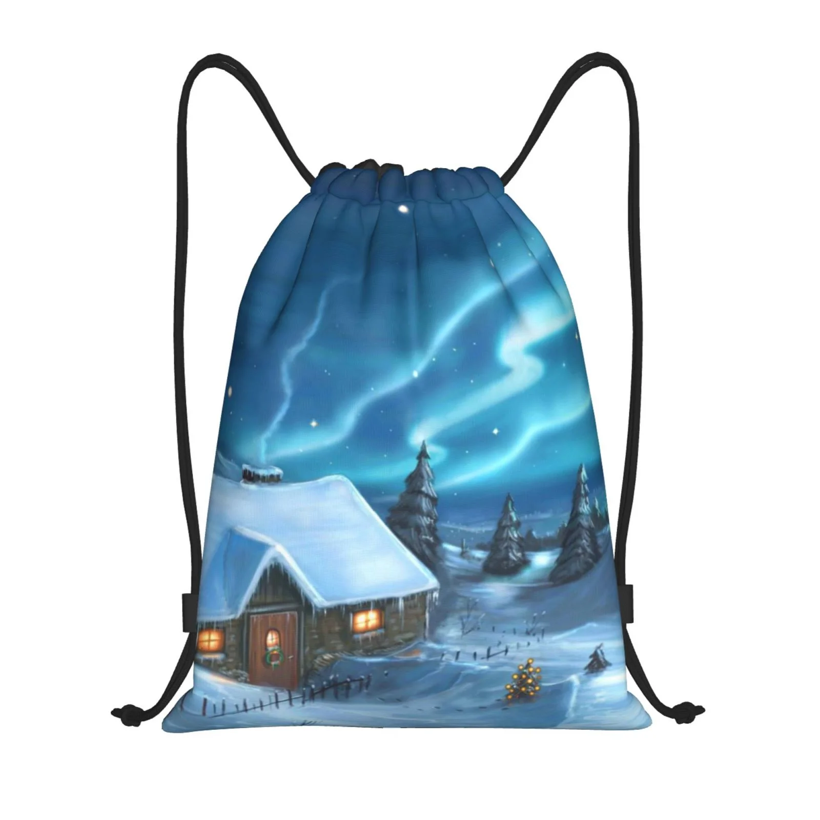 Bingfone Mountain Cottage In Snow Drawstrings Backpacks Bags For Men Women Gym Drawstrings Bag
