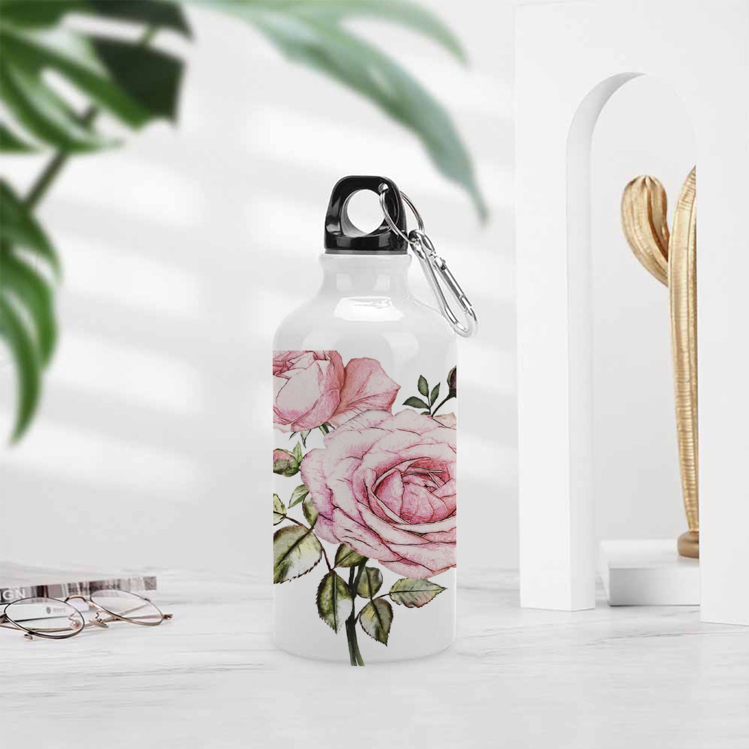 GZHJMY Sports Water Bottles, Pink Roses Large Capacity Aluminium Portable Leakproof Lightweight Drink Bottles for Fitness and Outdoor Enthusiasts