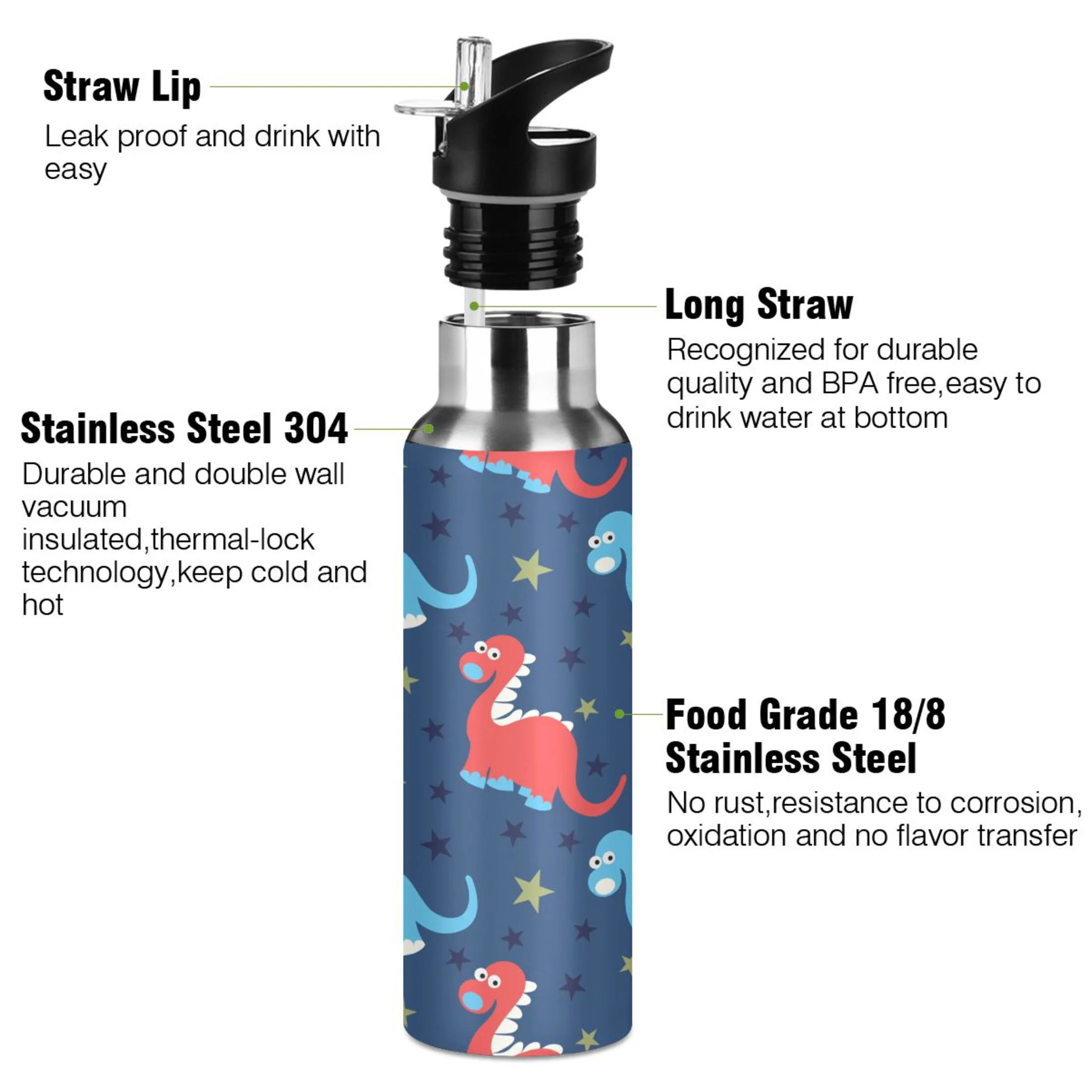 Stainless Steel Water Bottle Cute Dinosaur with Straw Lid Vacuum Insulated Keeps Hot and Cold Leak Proof Flask Jug for Gym Travel Sports Cycling Outdoor 20 OZ