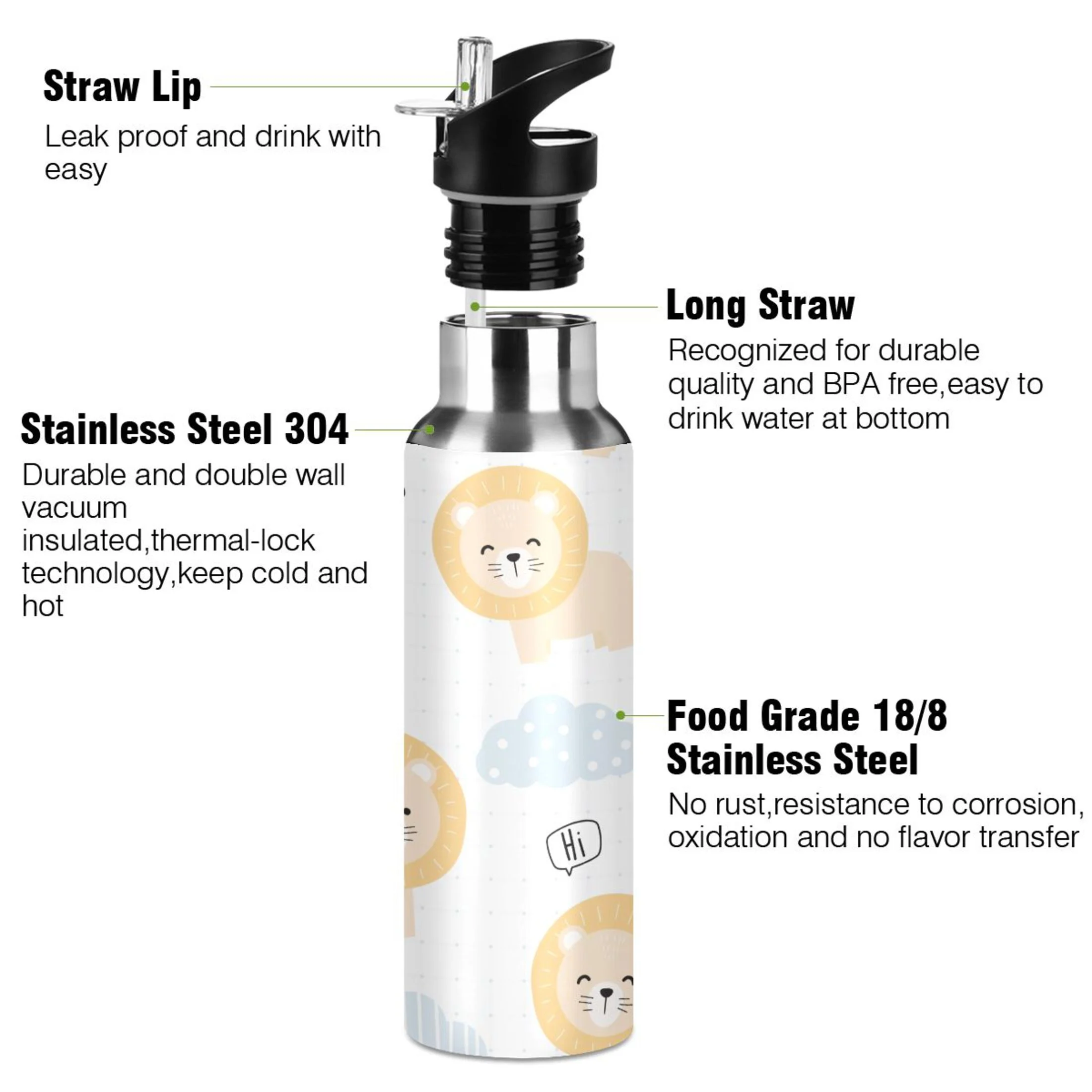 Water Bottle with Straw Lid Leak Lion Cat Childish Stainless Steel Insulated Thermos Vacuum Flask for Cold Hot Drinking for Sports Camping Gym Yoga