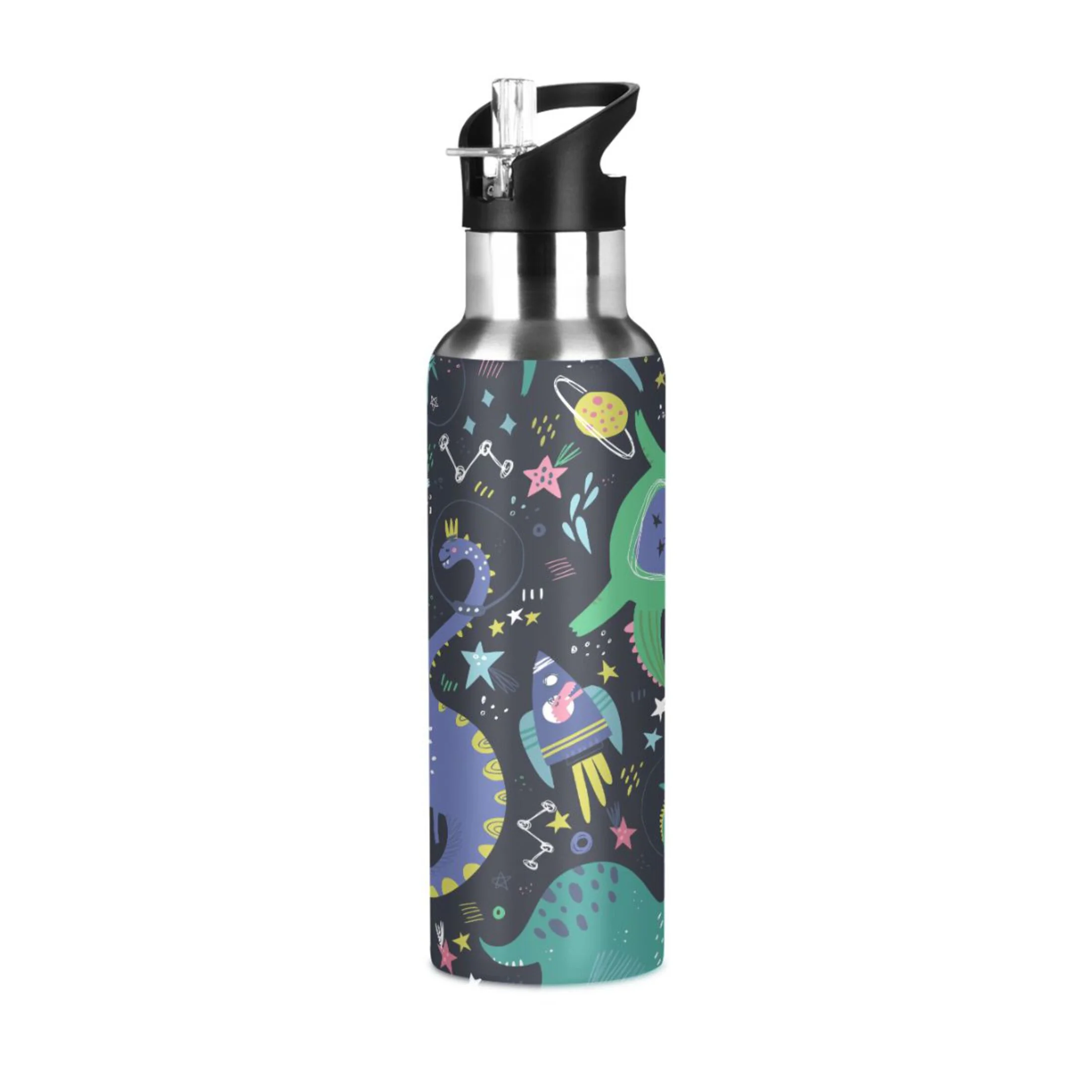 Stainless Steel Water Bottle Dinosaurs in Space with Straw Lid Vacuum Insulated Keeps Hot and Cold Leak Proof Flask Jug for Gym Travel Sports Cycling Outdoor 20 OZ