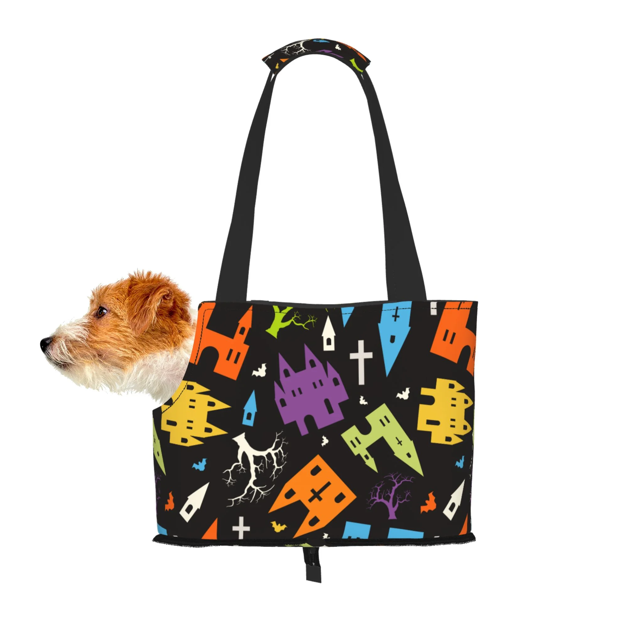 TEQUAN Foldable Dog Purse Carrier, Collapsible Halloween Fantasy Cartoon Castle Prints Pet Travel Tote Bag for Small Cat Puppy, Waterproof Dog Soft-Sided Carriers