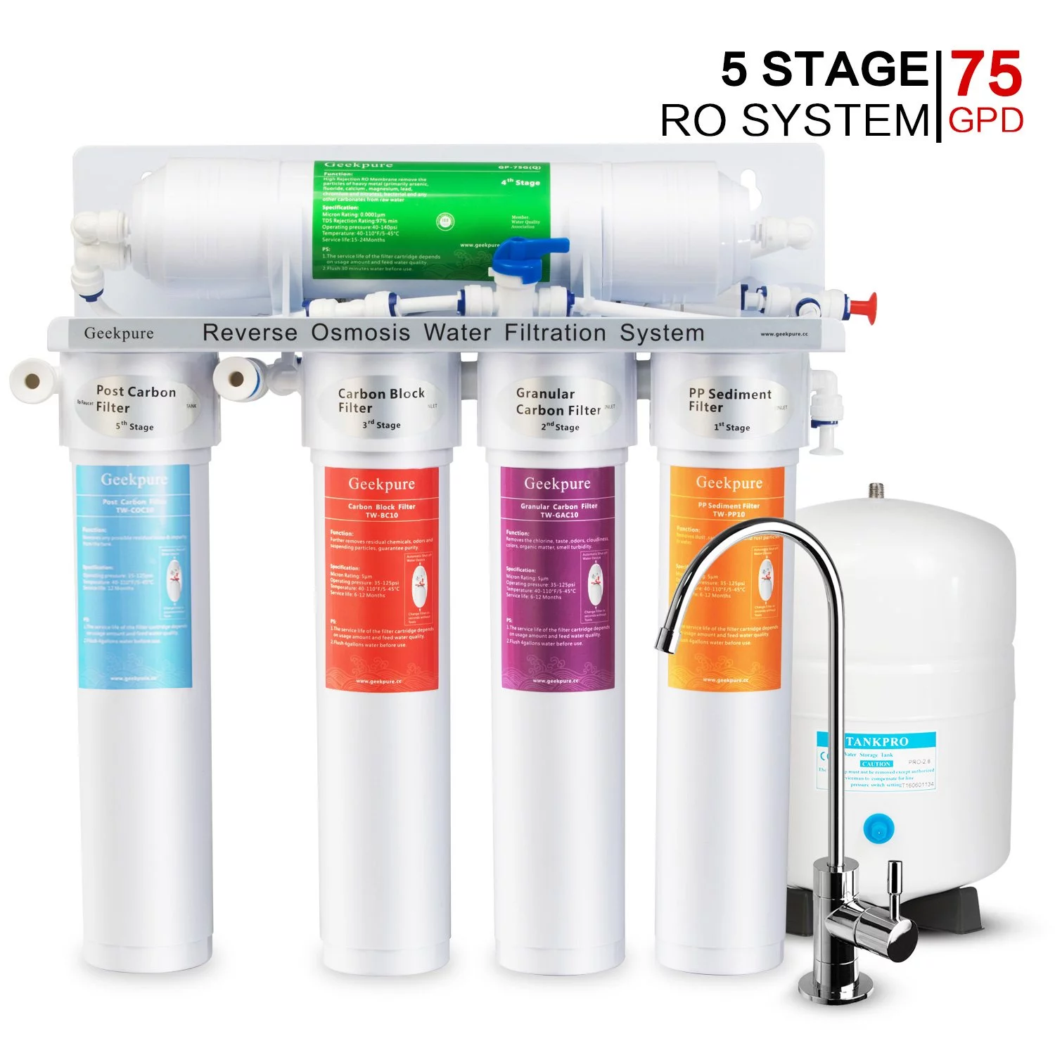 Geekpure 5-Stage Reverse Osmosis Water Filter System-with Quick Change Twist Filters-75GPD