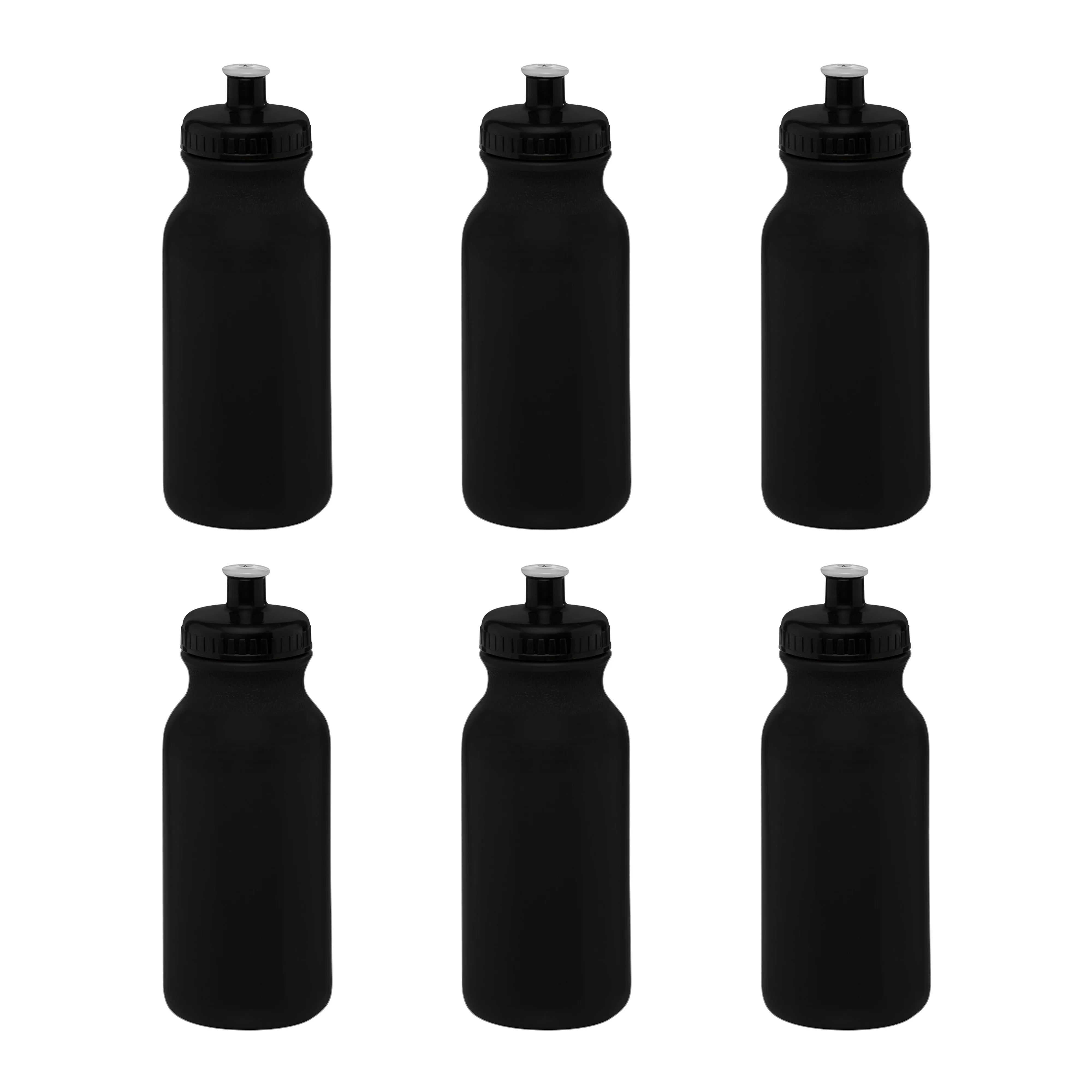 Water Bottle with Push Cap 20 oz. Set of 6, Bulk Pack - Reusable, Leak Proof, Perfect for Gym, Hiking, Camping, Outdoor Sports - Black