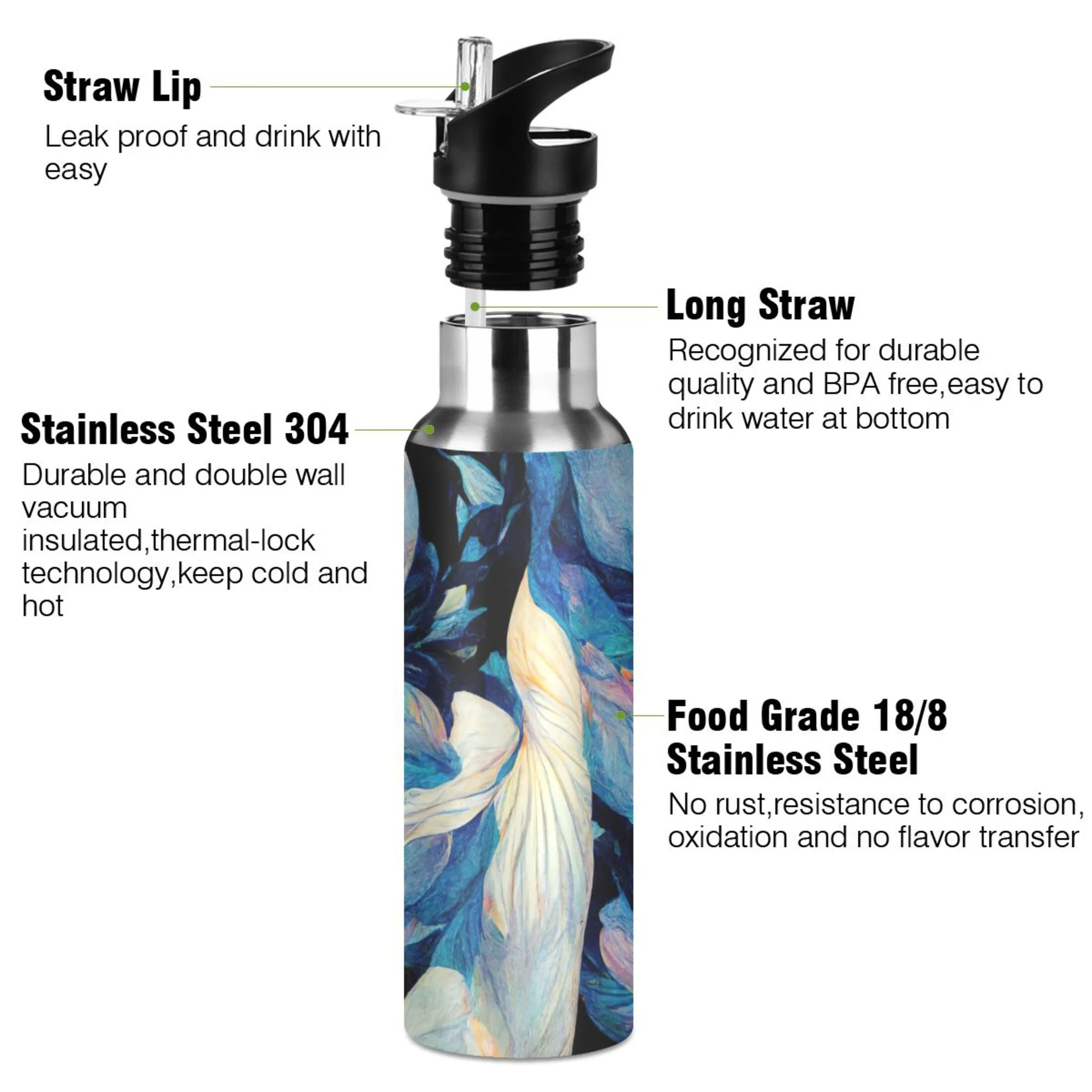 Stainless Steel Water Bottle Abstract Art Flower with Straw Lid Vacuum Insulated Leak Proof Flask Jug for Gym Travel Sports Cycling Outdoor 20 OZ