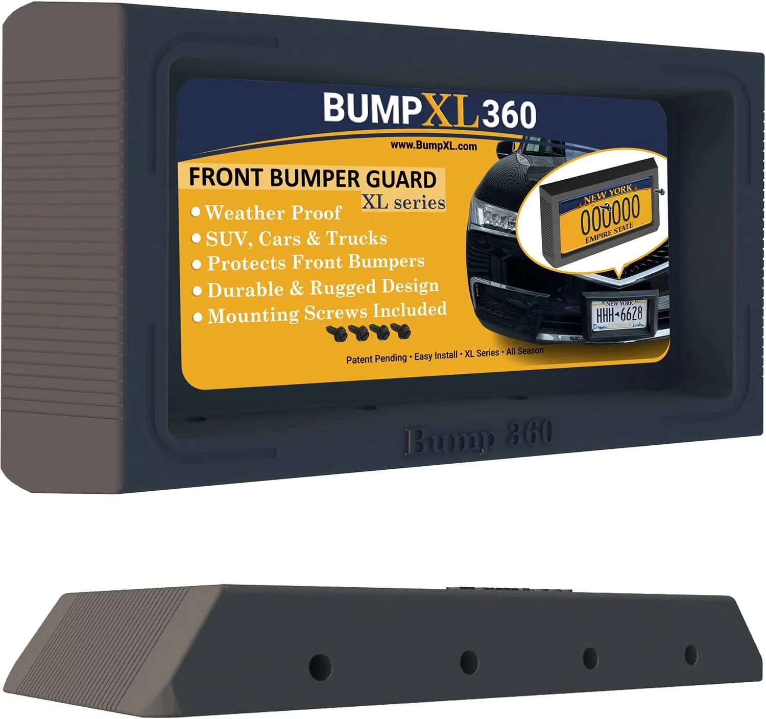 BumpXL Front License Plate Bumper Guard protector – XL Bump Protection for Cars, SUV’s, Vans & Trucks – includes black license plate mounting screws – BUMP 360-XLseries