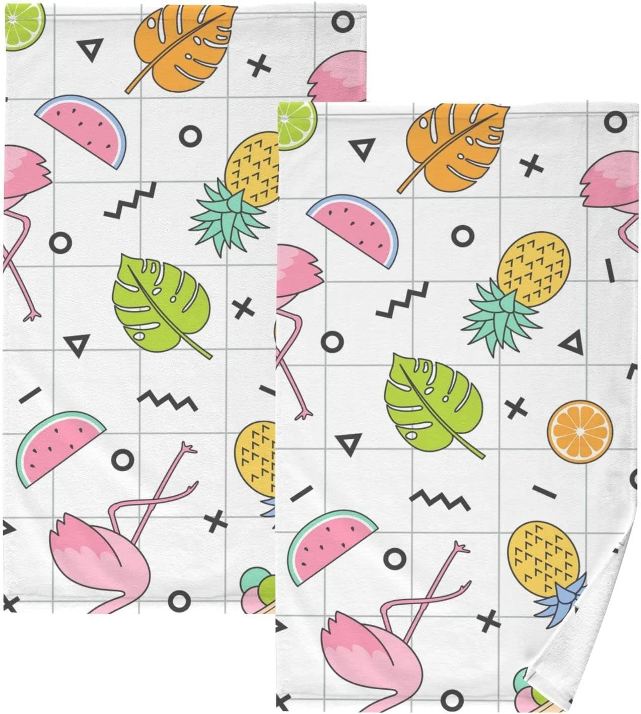 Dreamtimes Pink Flamingos Lemons Watermelons Cotton Towels Set 2 Pcs Absorbent Hand Towel Face Towels Kitchen Towels Bath Towels for Bathroom Laundry Room Kitchen 16 x 28 Inches