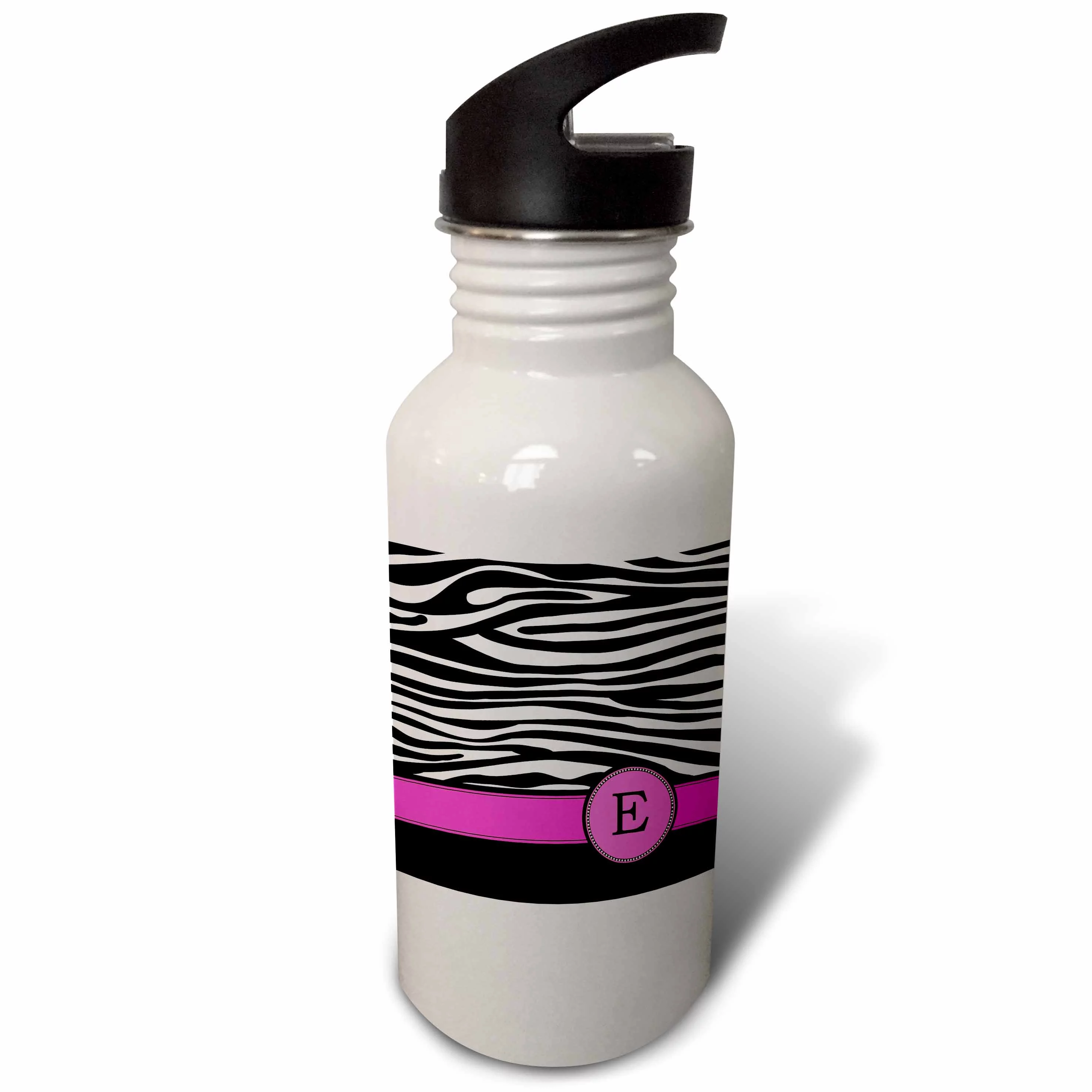 Letter E monogrammed black and white zebra stripes animal print with hot pink personalized initial 21 oz Sports Water Bottle wb-154276-1