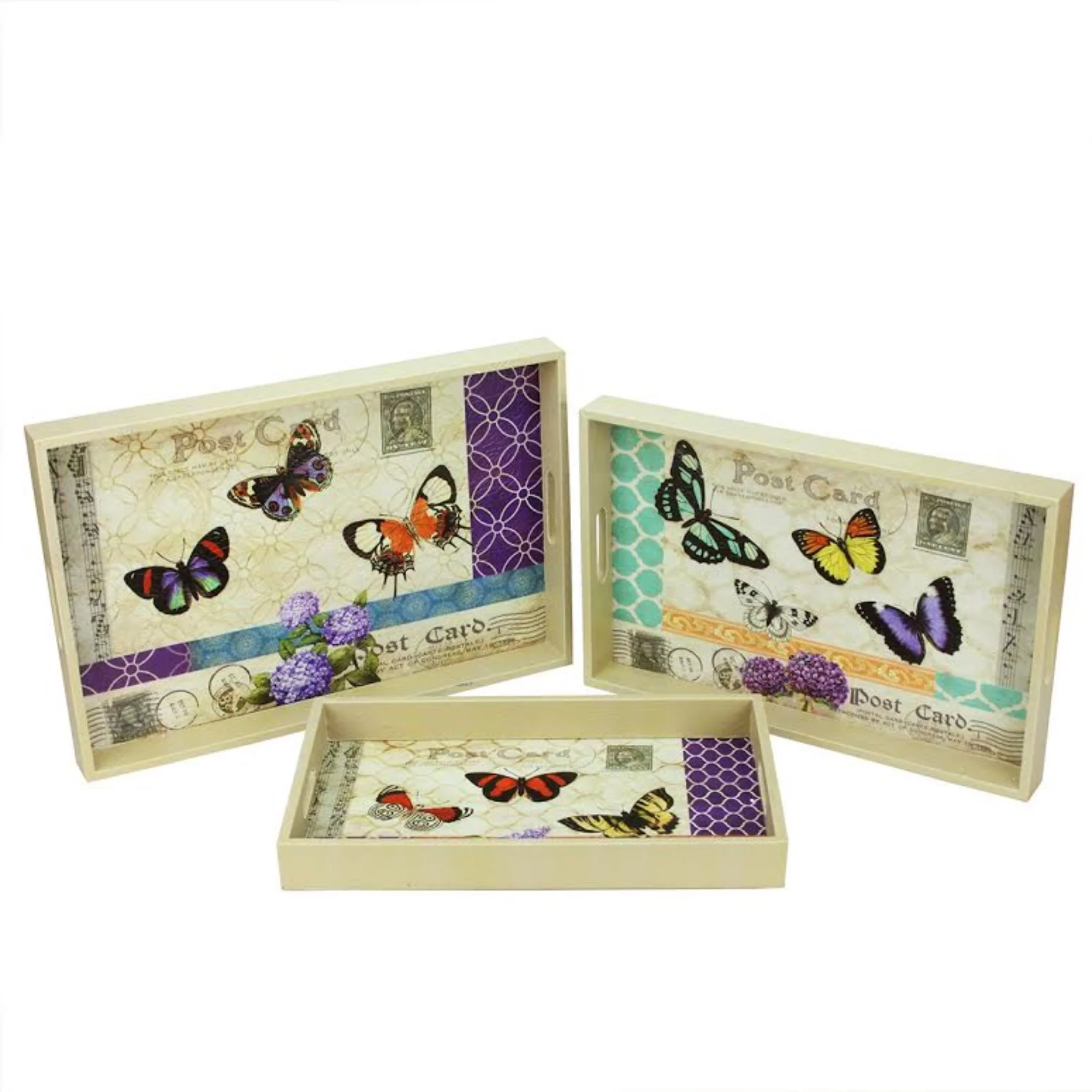 Set of 3 Ivory and Purple Butterflies Rectangular Serving Trays 19