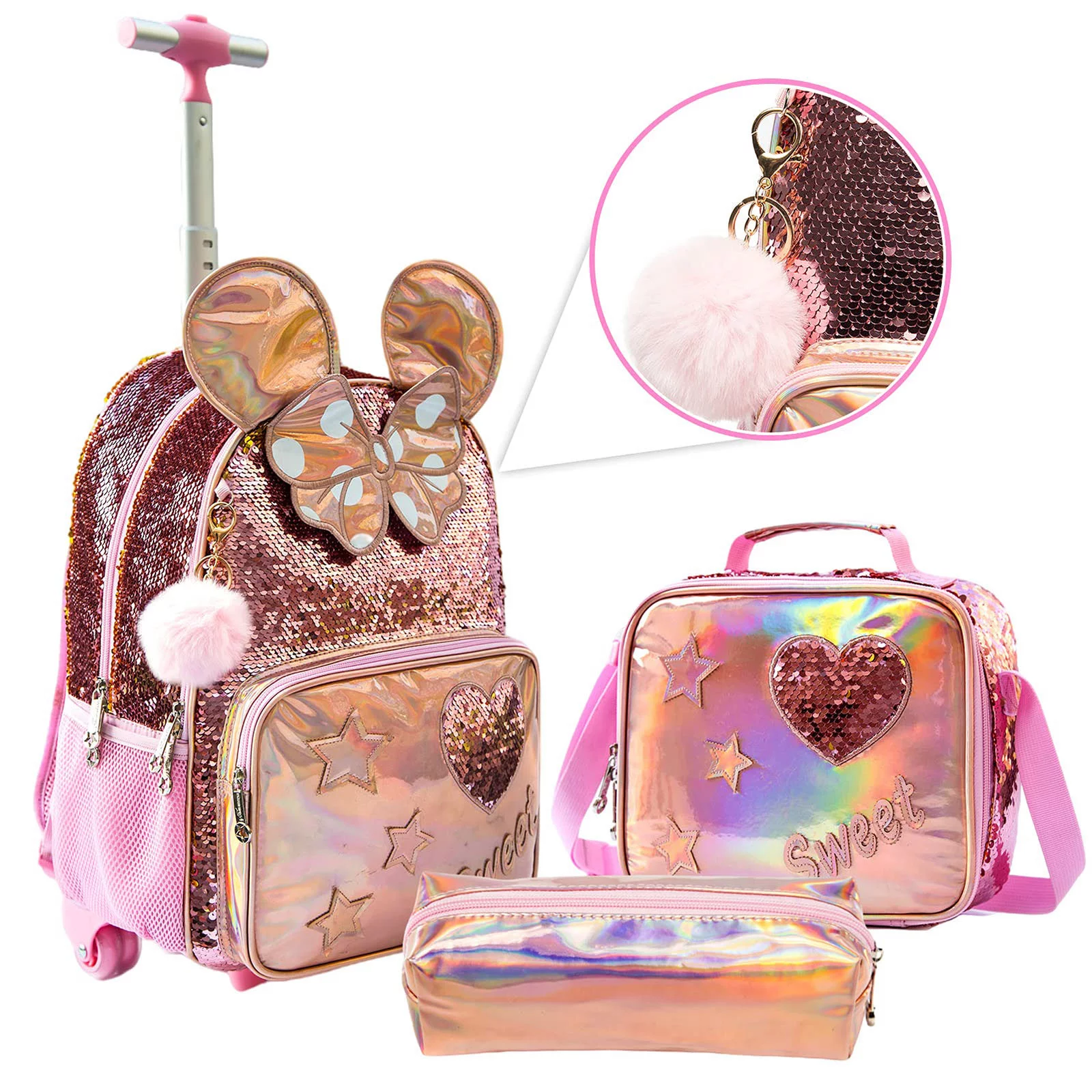 lvyH Women Girls 3 in 1 Rolling Backpack Sequins Backpacks with Lunch Pencil Bag Crossbody Durable Bookbag Daypack Travel School