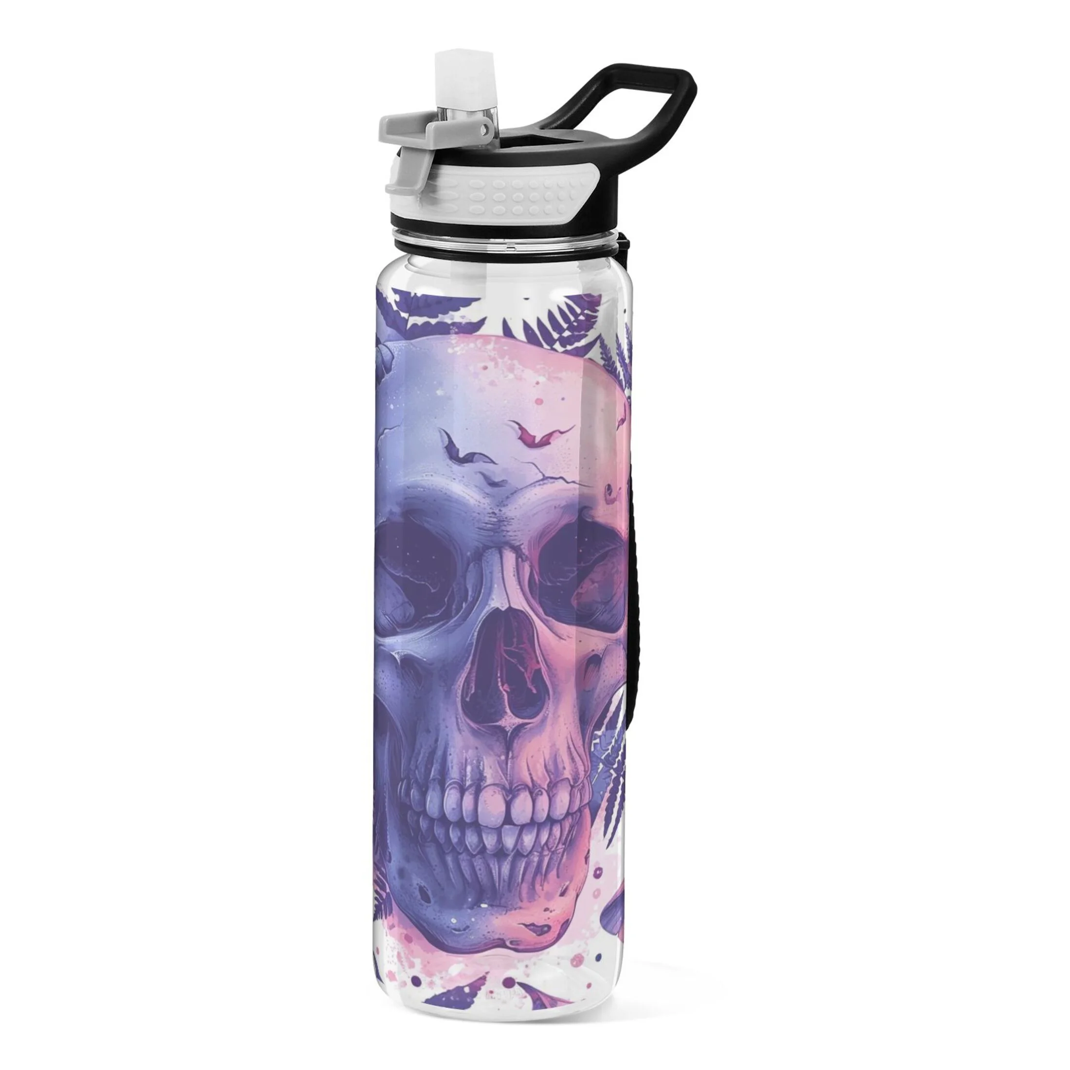 Skeleton Heads and Butterfly 32oz Sports Water Bottles Leakproof Tritan Bottle with Straw BPA Free Clear Bottle for Fitness Gym Outdoor Cycling