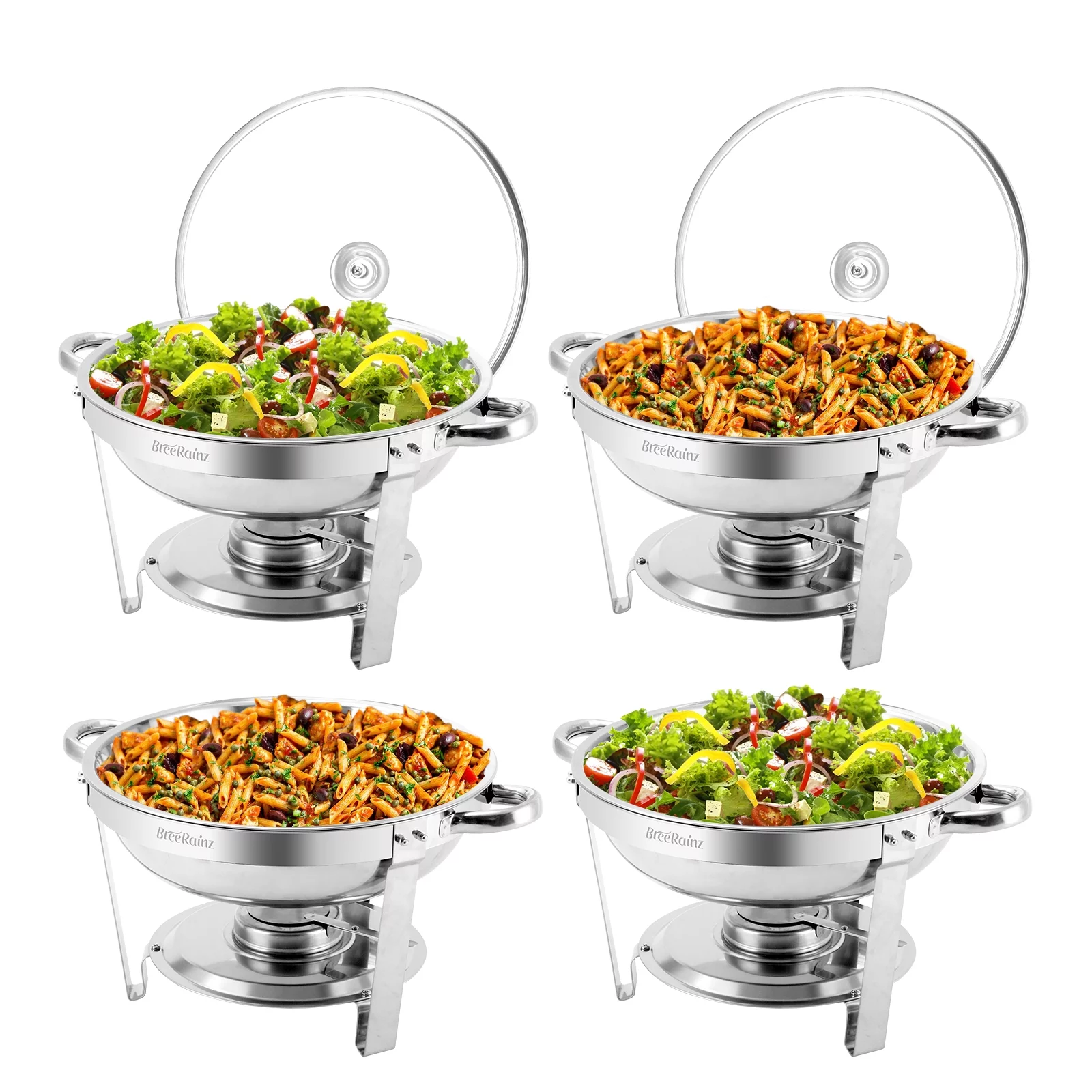 BreeRainz 4 Packs 4 QT Chafing Dish Buffet Set, Stainless Steel Chafing Dishes with Glass Lid & Lid Holder for Parties Buffet Weddings Events