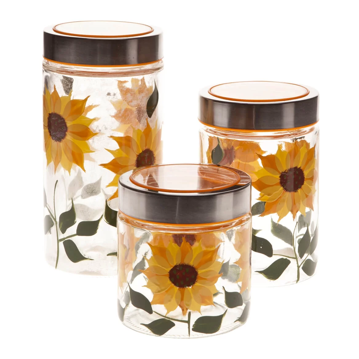 Walter Drake Sunflower Canisters, Set of 3 in Different Sizes, Clear Glass with Painted Design & Metal Lids