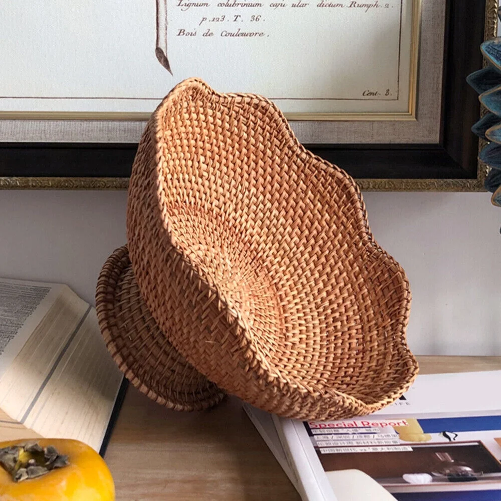 Rattan Fruit Plate Pedestal Display Basket Wicker Snack Trays