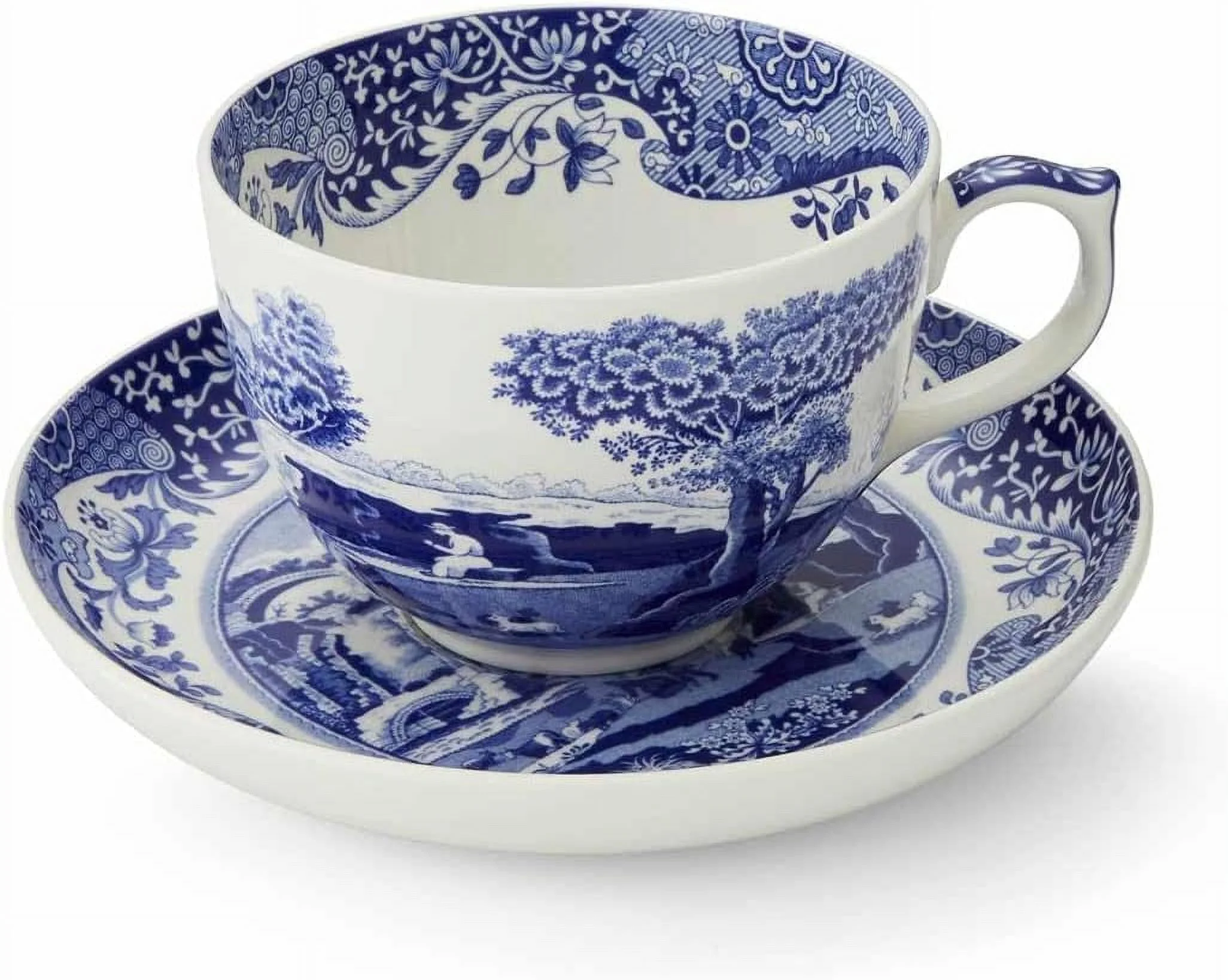 Blue Italian Teacup And Saucer | 20-Ounce Capacity | Jumbo Tea Set | Coffee Mug | Cup For Tea, Lattes, Espressos, And Hot Beverages | Blue And White | Dishwasher Safe
