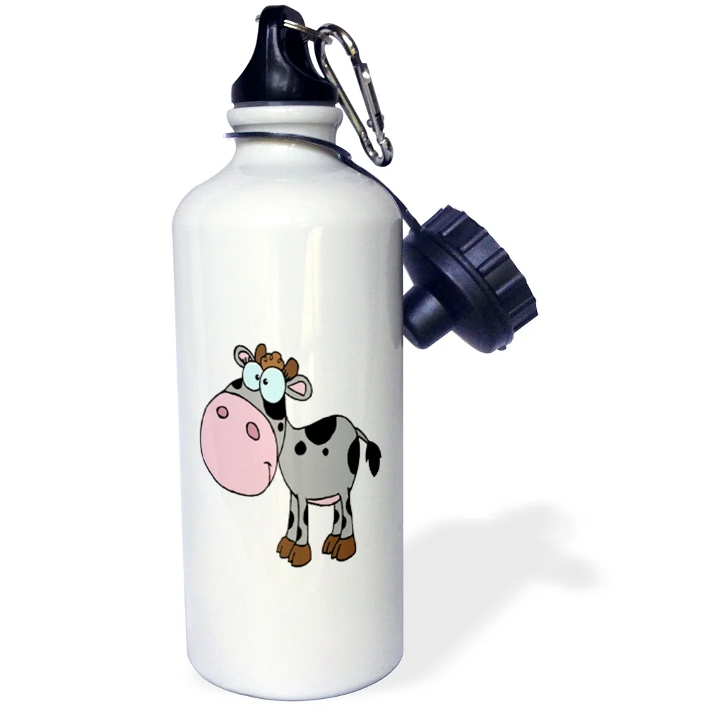 3dRose Cute Silly Cartoon Baby Cow Calf Gray, Sports Water Bottle, 21oz