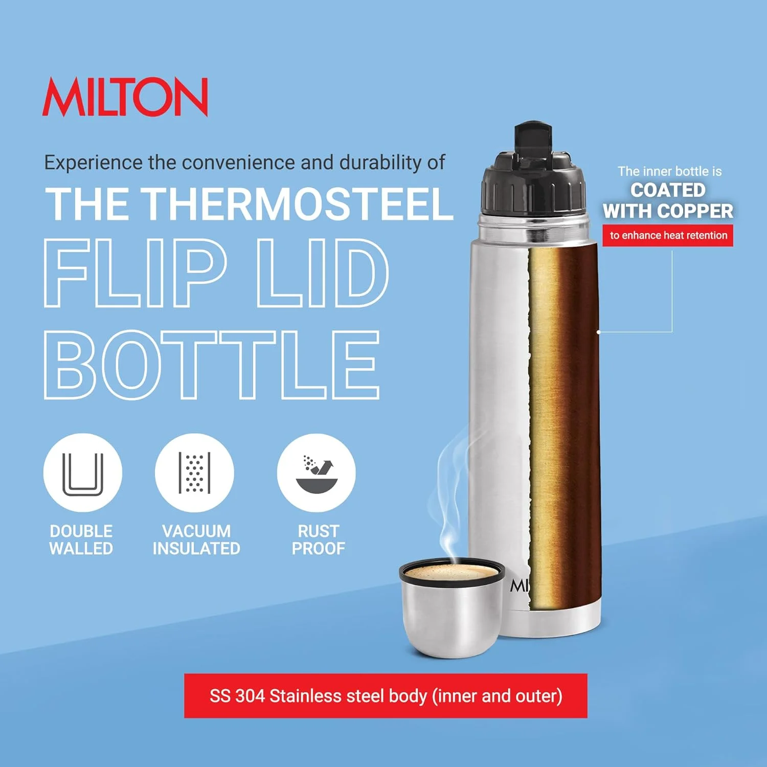 Milton Flip Lid 500 Thermos 24 Hours Hot and Cold Water Bottle,1 Piece, 500 ml, Silver