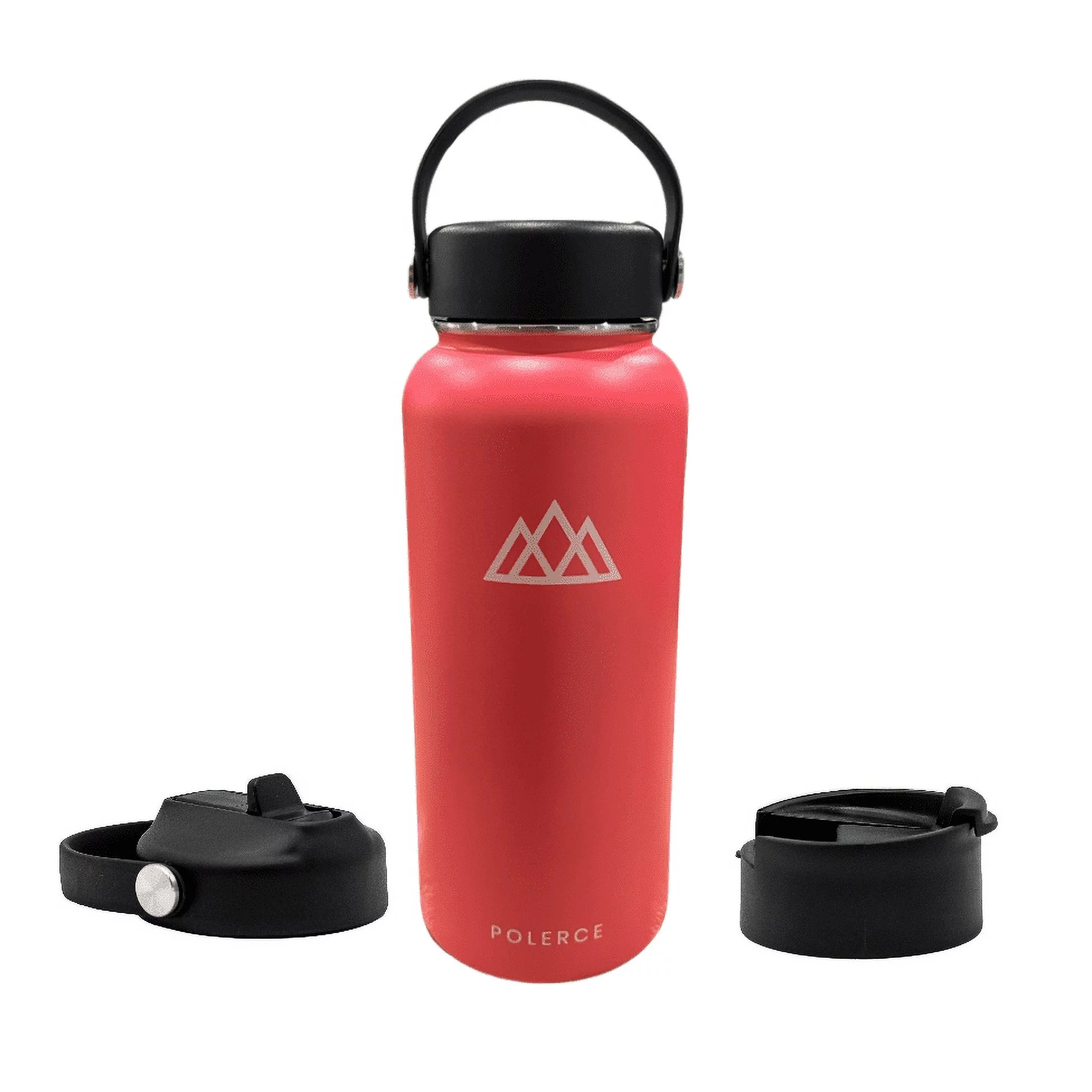Vacuum Insulated Bottle with 3 Lids - Stainless Steel Thermally Insulated Flask - 32 fl oz - Pink - by Polerce