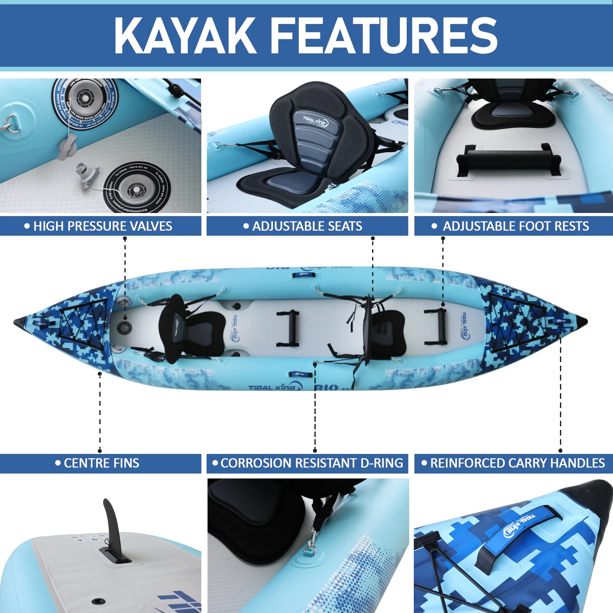 Tidal King Premium 2 Person Inflatable Kayak with 2x Kayak Paddles, 2x Seats, Pump, Backpack, 20L Dry Bag, Waterproof Phone case - 2 Years Warranty (Rio 410)