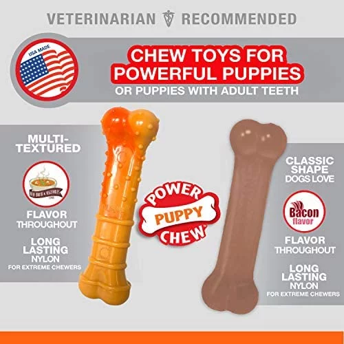 Nylabone Puppy Power Chew Toy - Tough and Durable Puppy Chew Toy for Teething - Puppy Supplies - Bacon & Beef Broth Flavor, Small (2 Count)