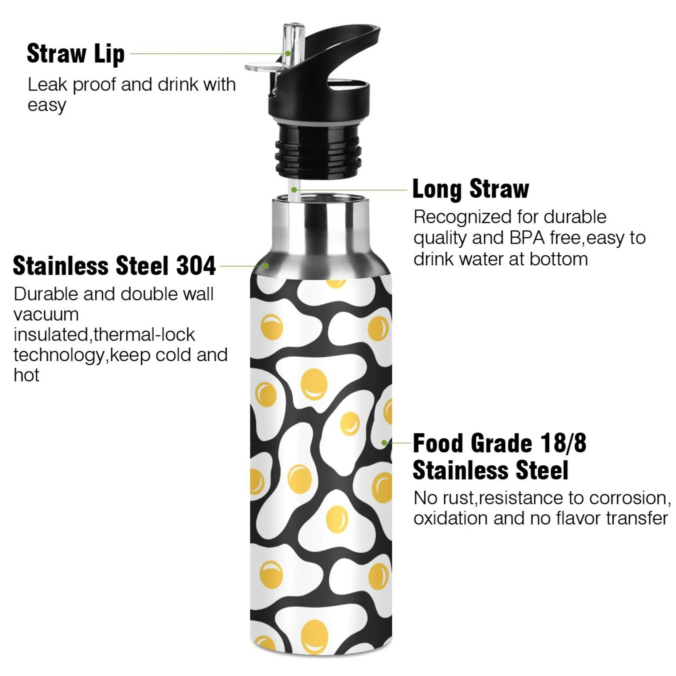 Water Bottle with Straw Lid Leak Cartoon Egg Stainless Steel Insulated Thermos Vacuum Flask for Cold Hot Drinking for Sports Camping Gym Yoga