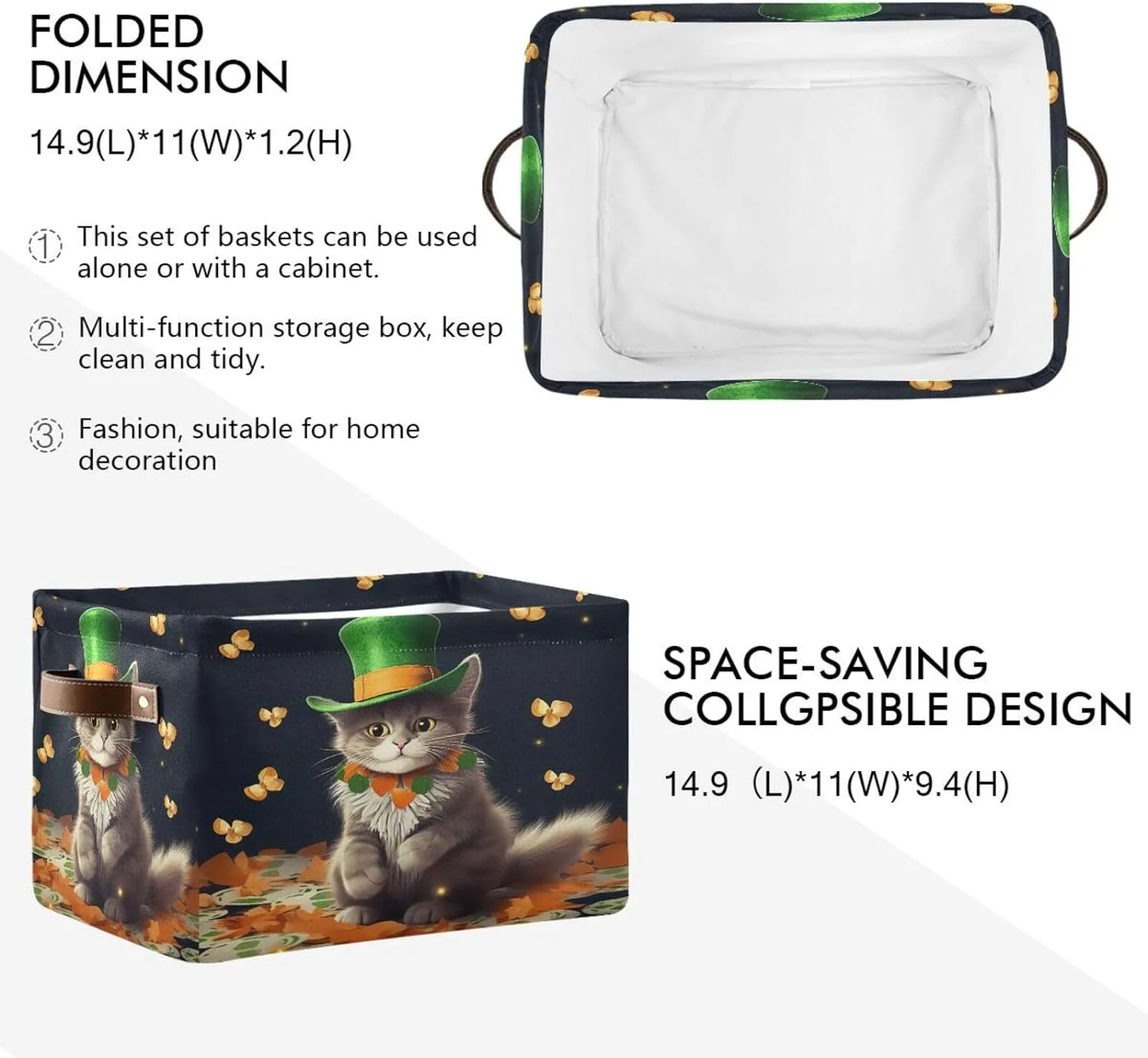 Coolnut St. Patrick's Day Cute Cat Large Storage Basket 1PCS,Cute Koala Collapsible Toy Storage Box Laundry Basket with Handle,Used for Home Closets, Offices, Bedrooms Halloweenation Home Decor