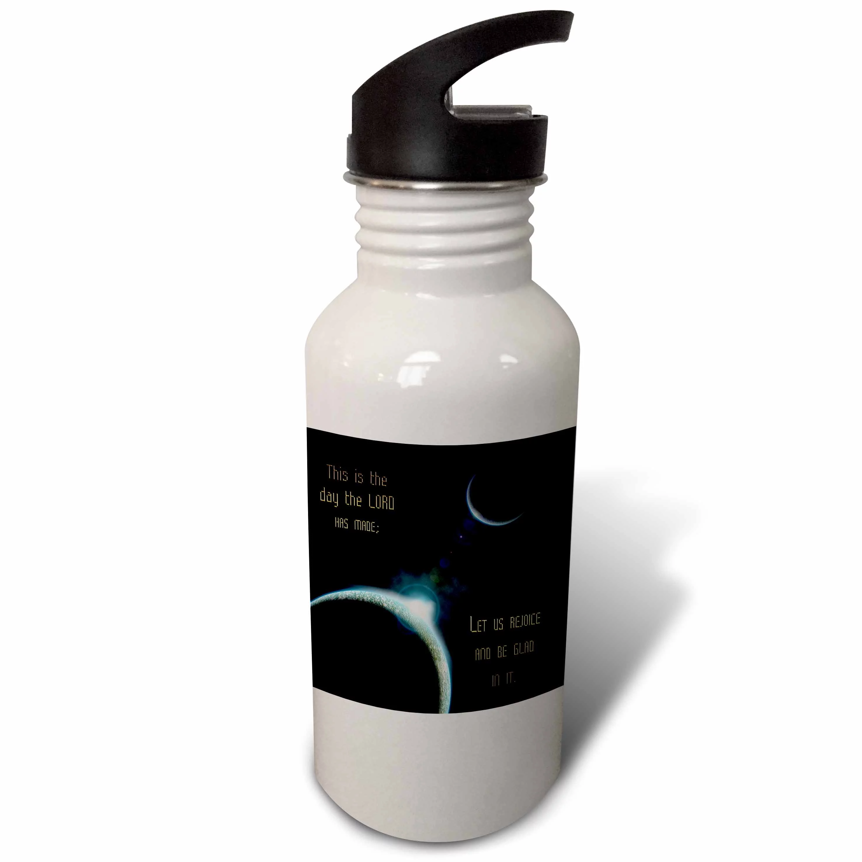A sun announcing a new dawn over a solar system with the bible verse psalm 118 verse 24 21 oz Sports Water Bottle wb-99100-1
