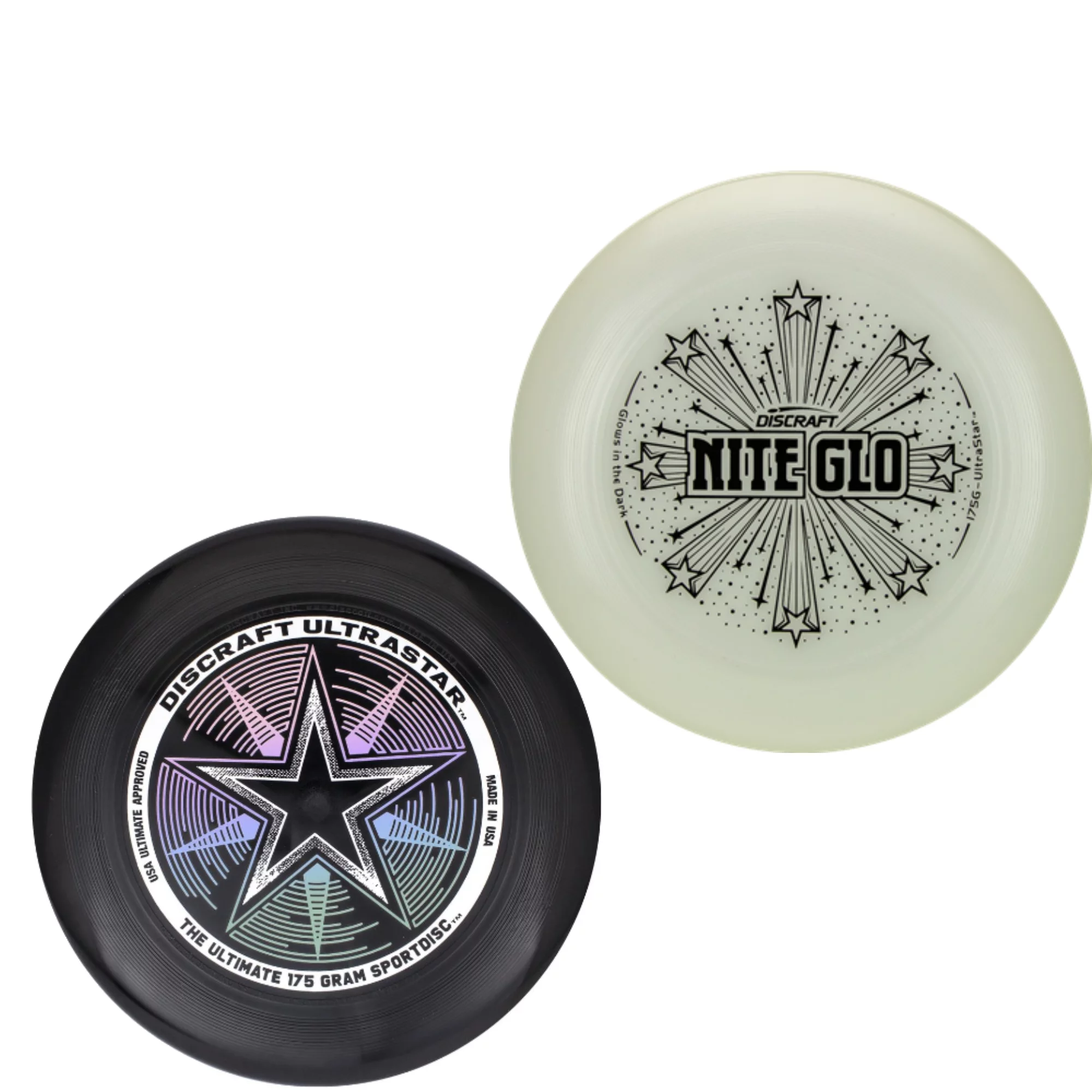 Discraft 175g Ultimate Frisbee Disc Ultra Star (2-Pack) Bundle with a Lumintrail Drawstring Bag (Black & Nite Glo)