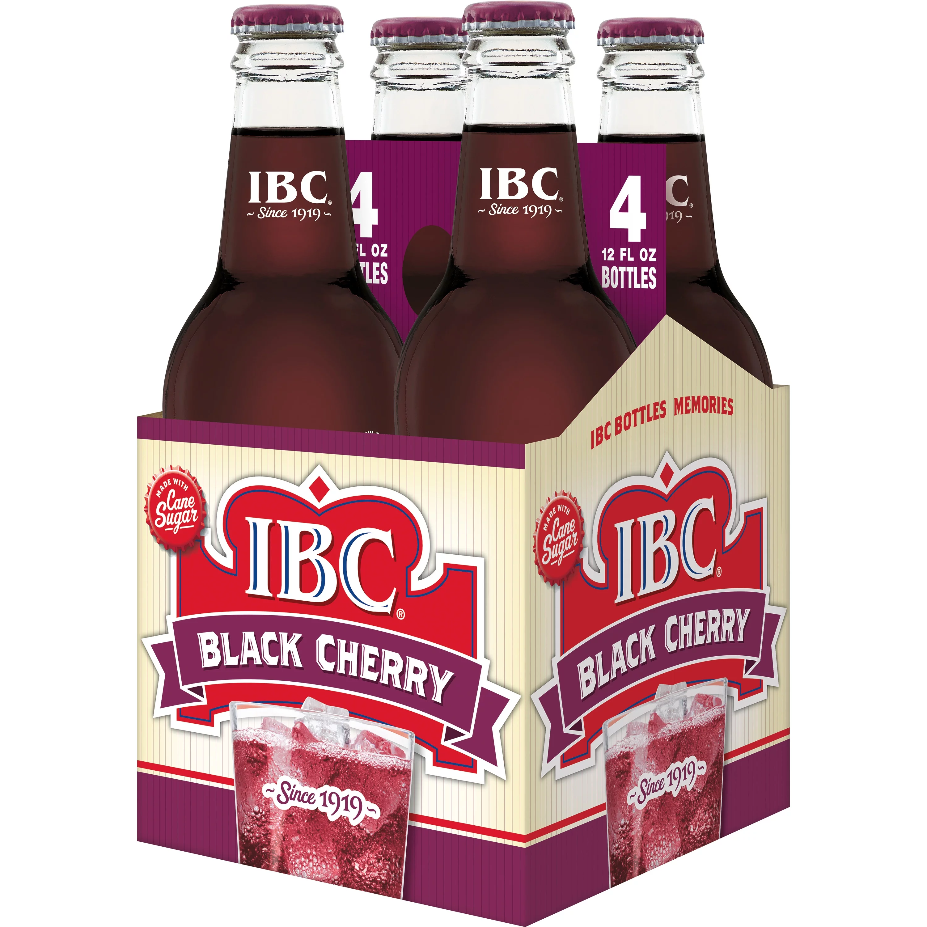 IBC Black Cherry Made with Sugar Soda, 12 fl oz, 4 Pack Glass Bottles