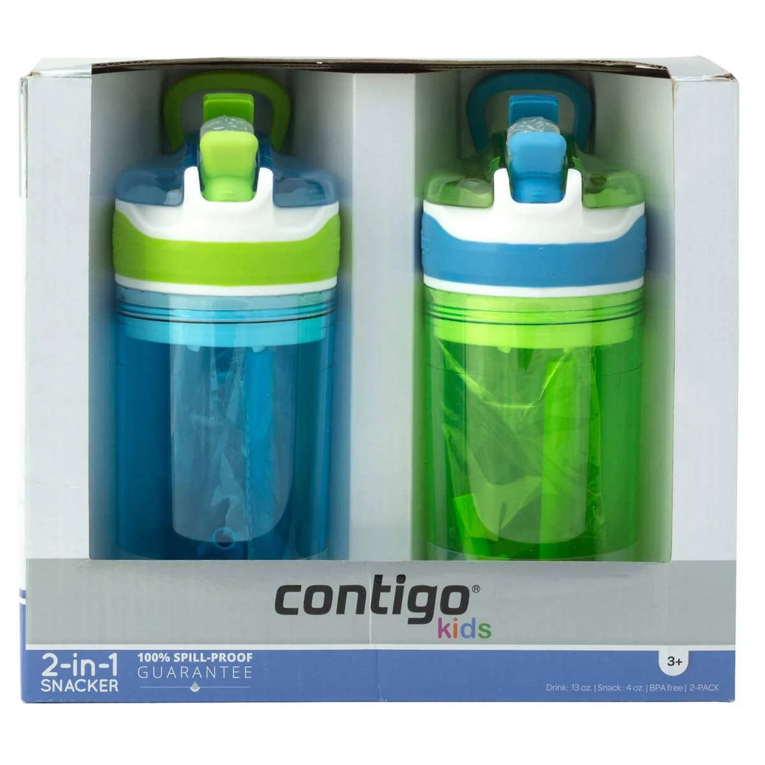 Contigo Kids 2-in-1 Snack Hero Tumbler Featuring 4oz Snack Holder Stacked on Top of 13oz Water Bottle - BPA Free, Durable Tritan w/Flexible Carry Handle & Spill-Proof Valve, Green & Blue – 2 Pack