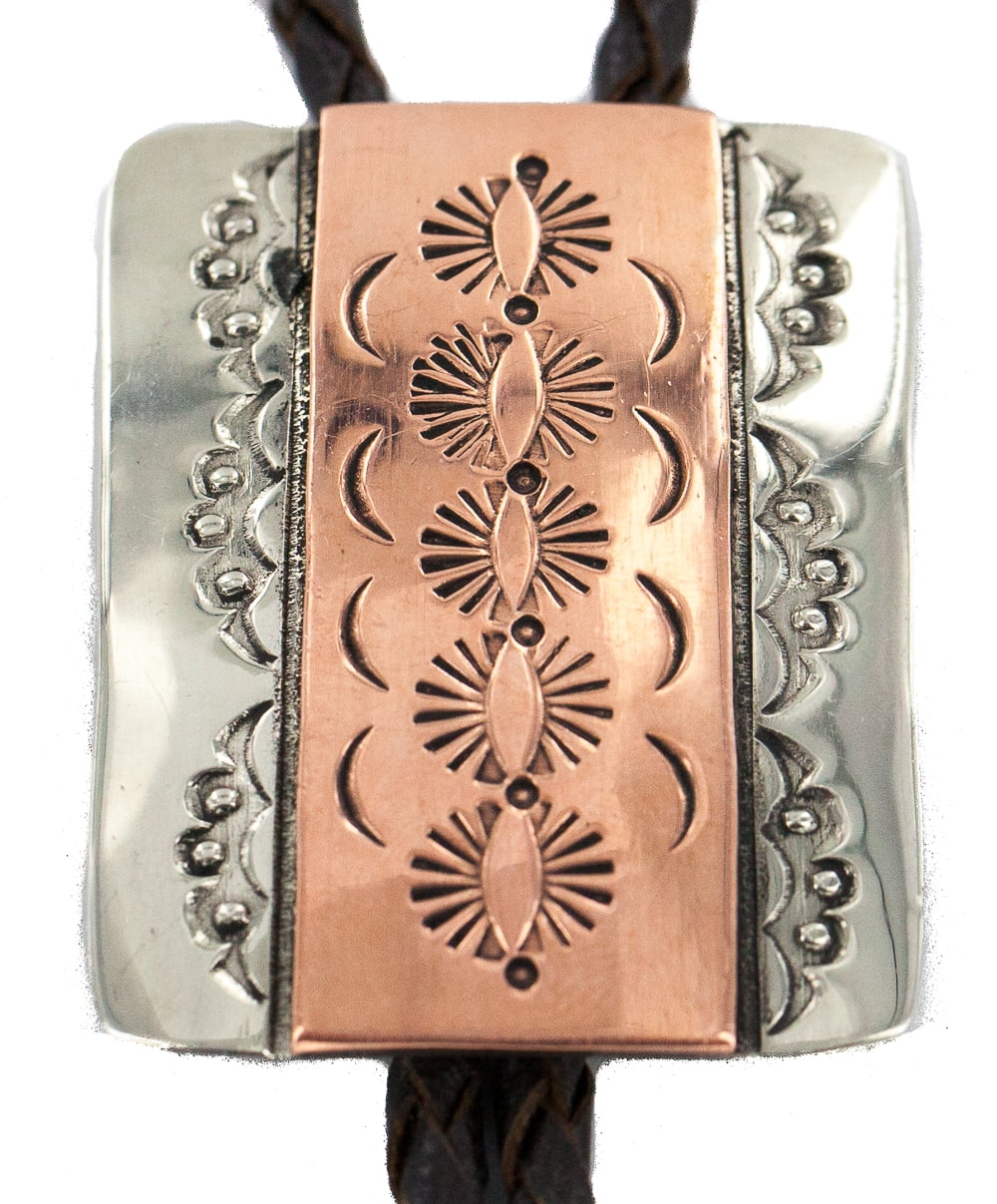 Handmade Certified Authentic Navajo Leather Pure Copper and Nickel Native American Bolo Tie