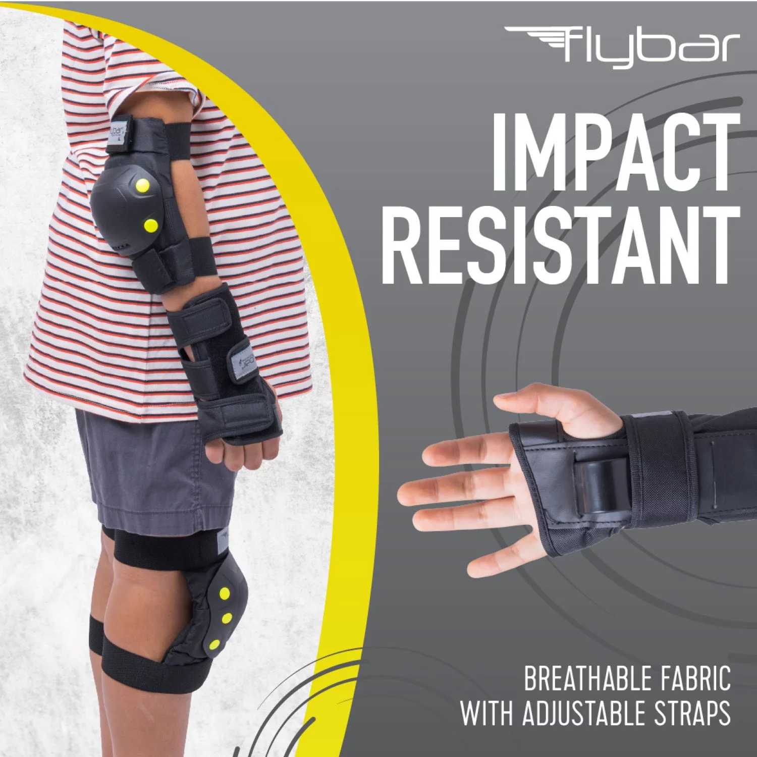 Flybar Kids Knee Pads and Elbow Pads Set, Wrist Guard, Multi Sports Protective Gear, Adjustable, Ages 9 +, Black ,L