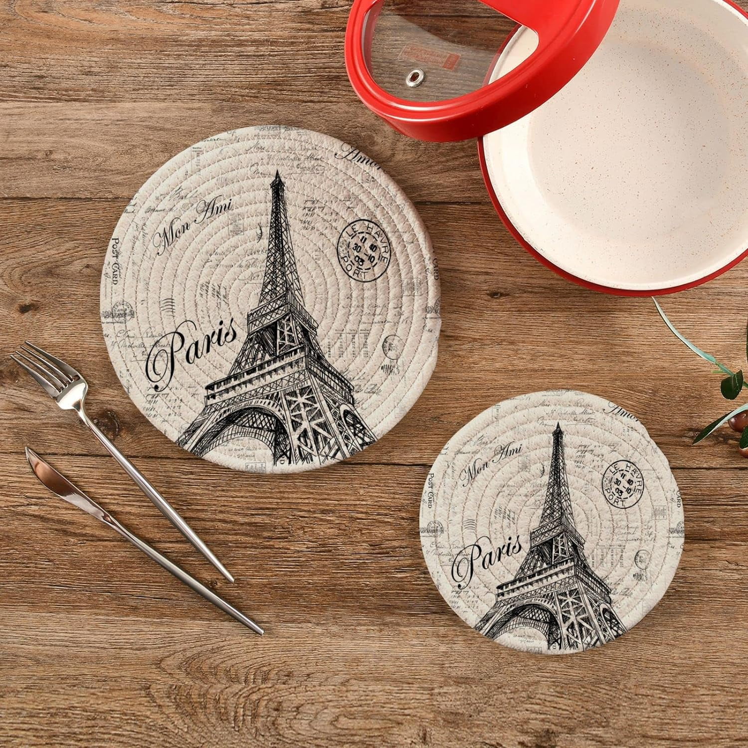 GZHJMY Eiffel Tower Heat Resistant Trivets Potholders 2PCS, Round Cotton Weave Handmade Pot Holder, Non-Slip Hot Mats Kitchen Dining Plate Mat100 for Kitchen Pans Bowl Teapot