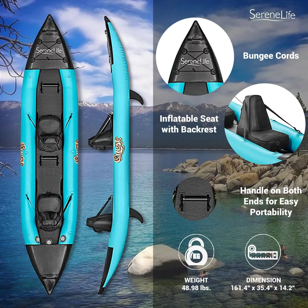 SereneLife 2 Person Inflatable Kayak - Double Kayak with Aluminum Paddles, Repair Kit - Aqua