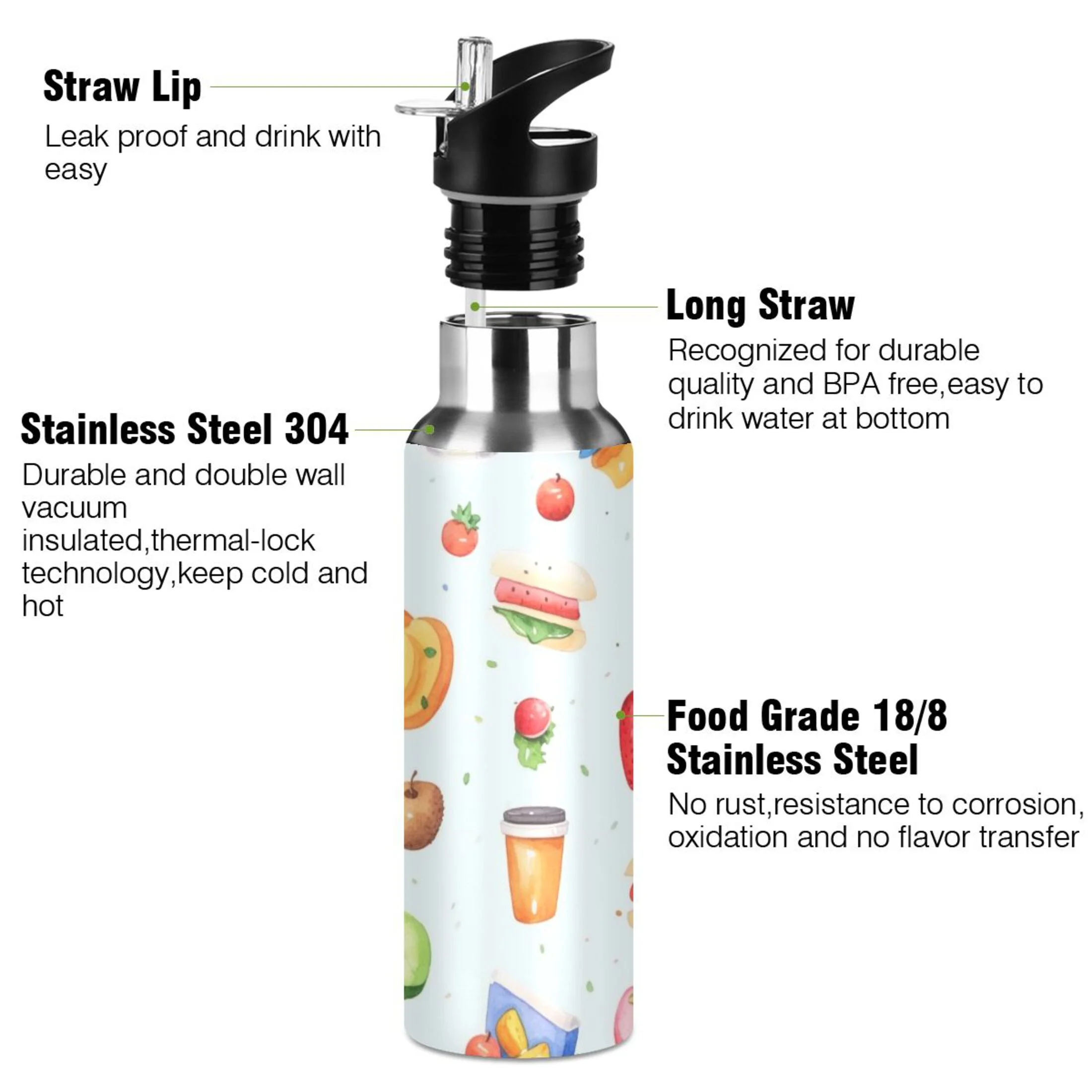Fruits Hamburgers Water Bottles Insulated Thermos Kids Stainless Steel Bottle with Straw Lid Flask Leakproof for Sports Gym 20 oz