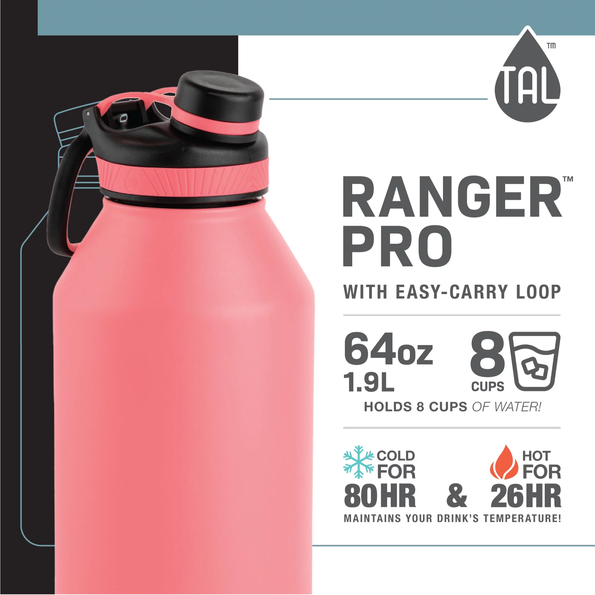 TAL Stainless Steel Ranger Water Bottle 64 fl oz, Pink