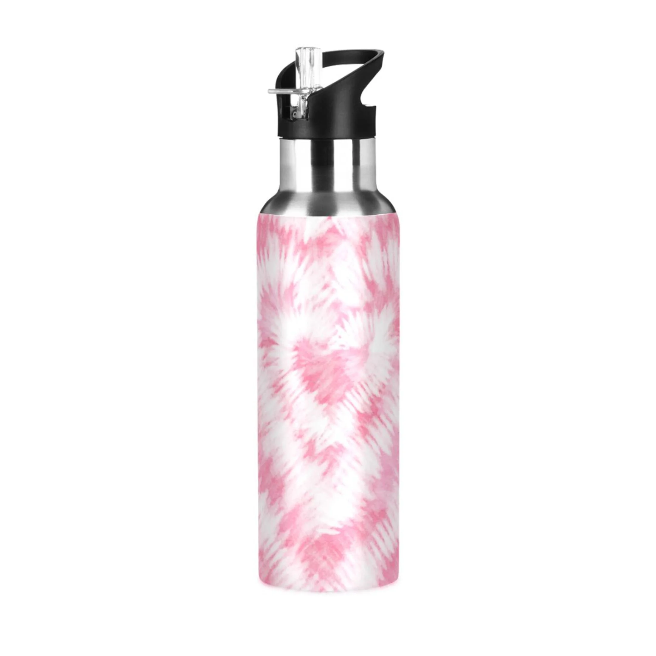 Stainless Steel Water Bottle Tie Dye Pink Gradient with Straw Lid Vacuum Insulated Leak Proof Flask Jug for Gym Travel Sports Cycling Outdoor 20 OZ